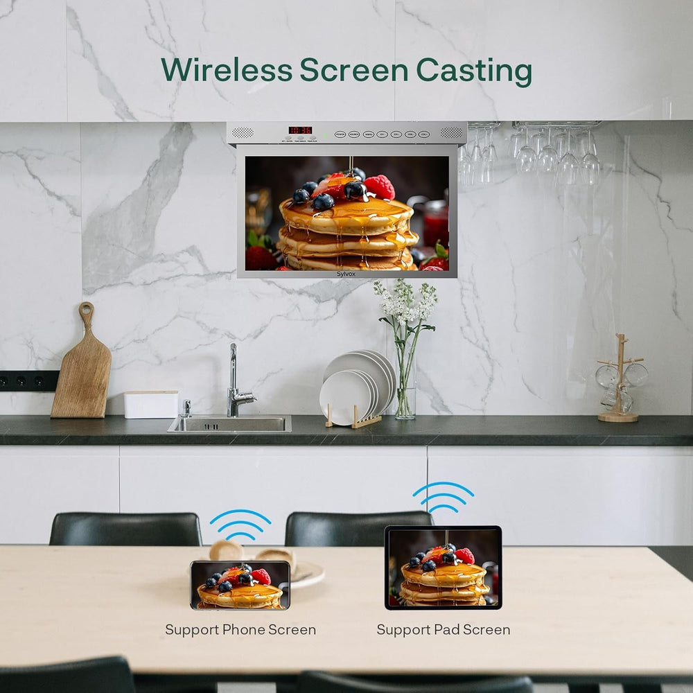 SYLVOX Televizor de bucătărie de 15,6 inci, televizor pliabil pentru bucătărie cu pivotare, suport Google TV WiFi Bluetooth, Smart TV 1080P pentru bucătărie, dormitor, autorulotă, iaht (argintiu)