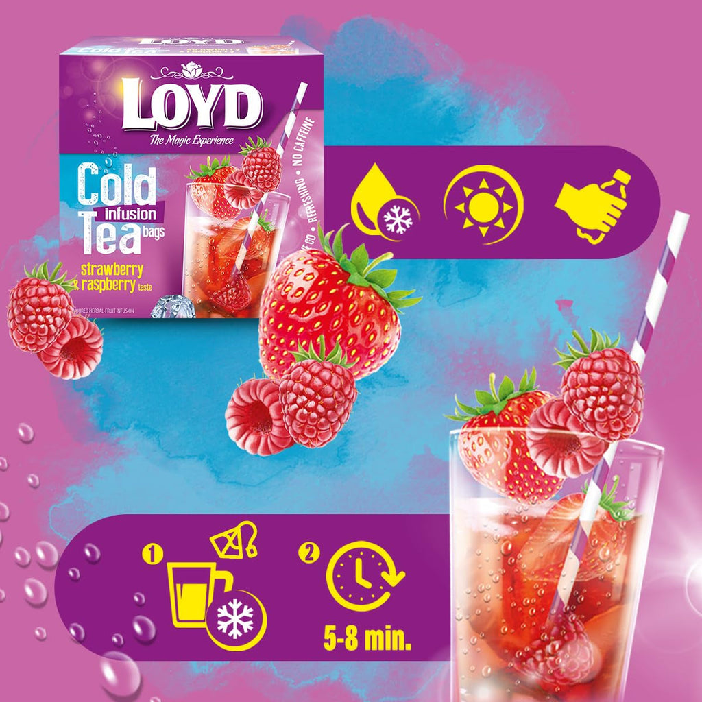LOYD - Ceai rece cu căpșuni și zmeură - 12 pliculețe piramidale, ceai rece de vară, ceai rece aromatizat, cu ingrediente naturale, apă aromatizată, fără adaos de zahăr, preparat la rece - 30 g