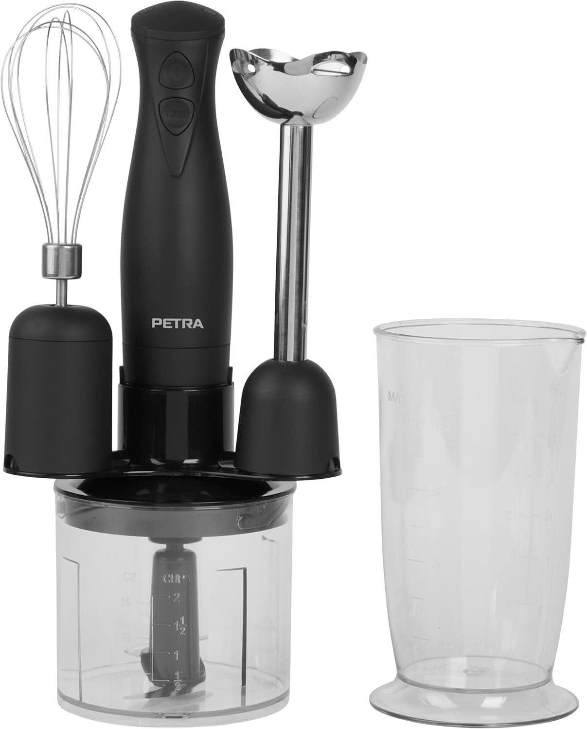 Petra PT2827BMBLKVDE 3-i-1 mixer – Bpa-Freie Anbauteile, 500Ml-Schüssel, 700Ml-Becher, Schneebesen, Mixen, Zerkleinern, 2 Geschwindigkeiten, Edelstahlklingen, Für Babynahrung, Smoothies og 3 Child Moothies, Sauctyen, Shop 3-i-1 mixer Mit Becher