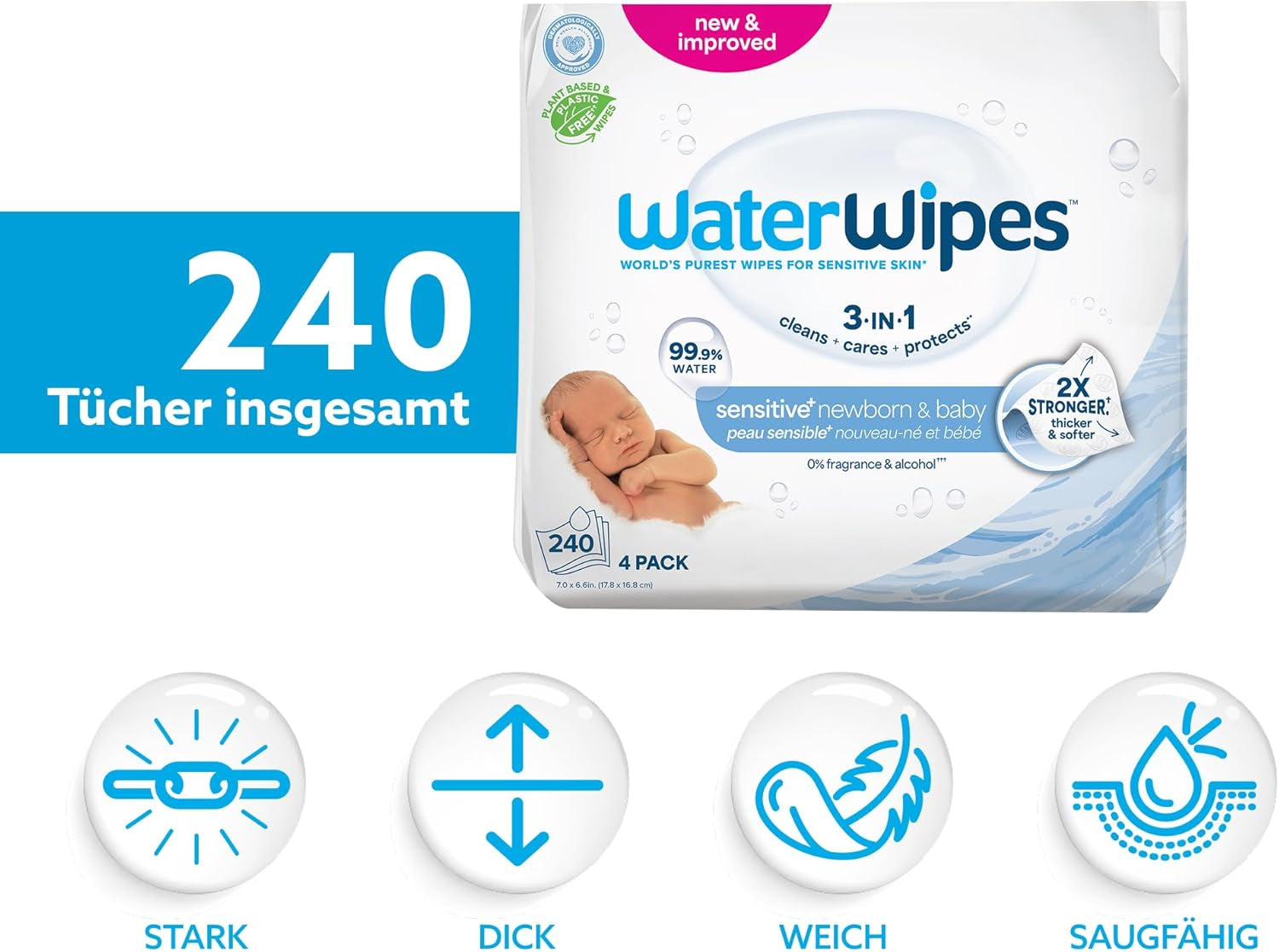 WaterWipes Sensitive+ vådservietter til nyfødte og babyer 240 Count (4 Pack) 3-i-1 rengøring, pleje, beskyttelse, 99,9 % vand, parfumefri