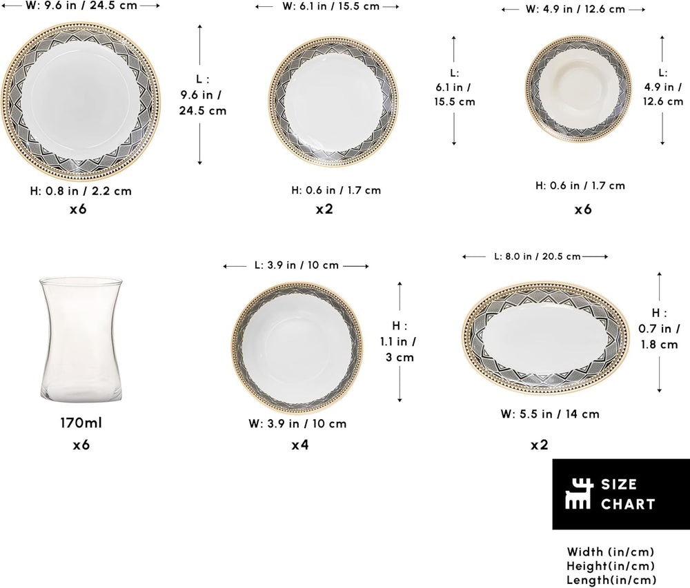 Karaca Globe - Frühstücksset & Geschirrset für 6 Personen mit Tassen, 26-teiliges Porzellan Geschirr Set mit Teetassen, Untertassen, Servierteller und Frühstücksgeschirr Teller Set - Weiß