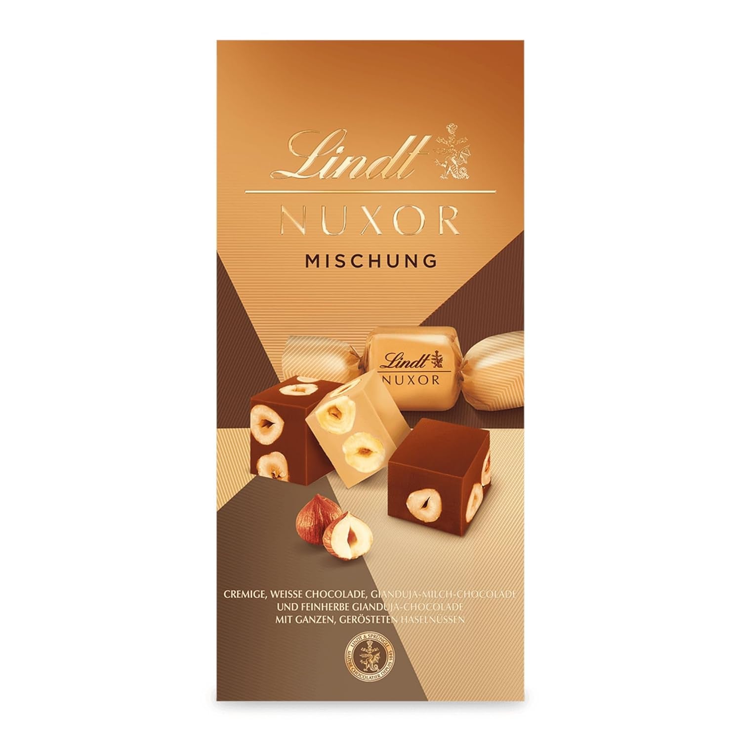 Lindt Chokolade | Bland til pose NUXOR | 103g | Gianduja cremede chokoladeterninger i tre sortimenter med ristede hele hasselnødder | Chokolade gave