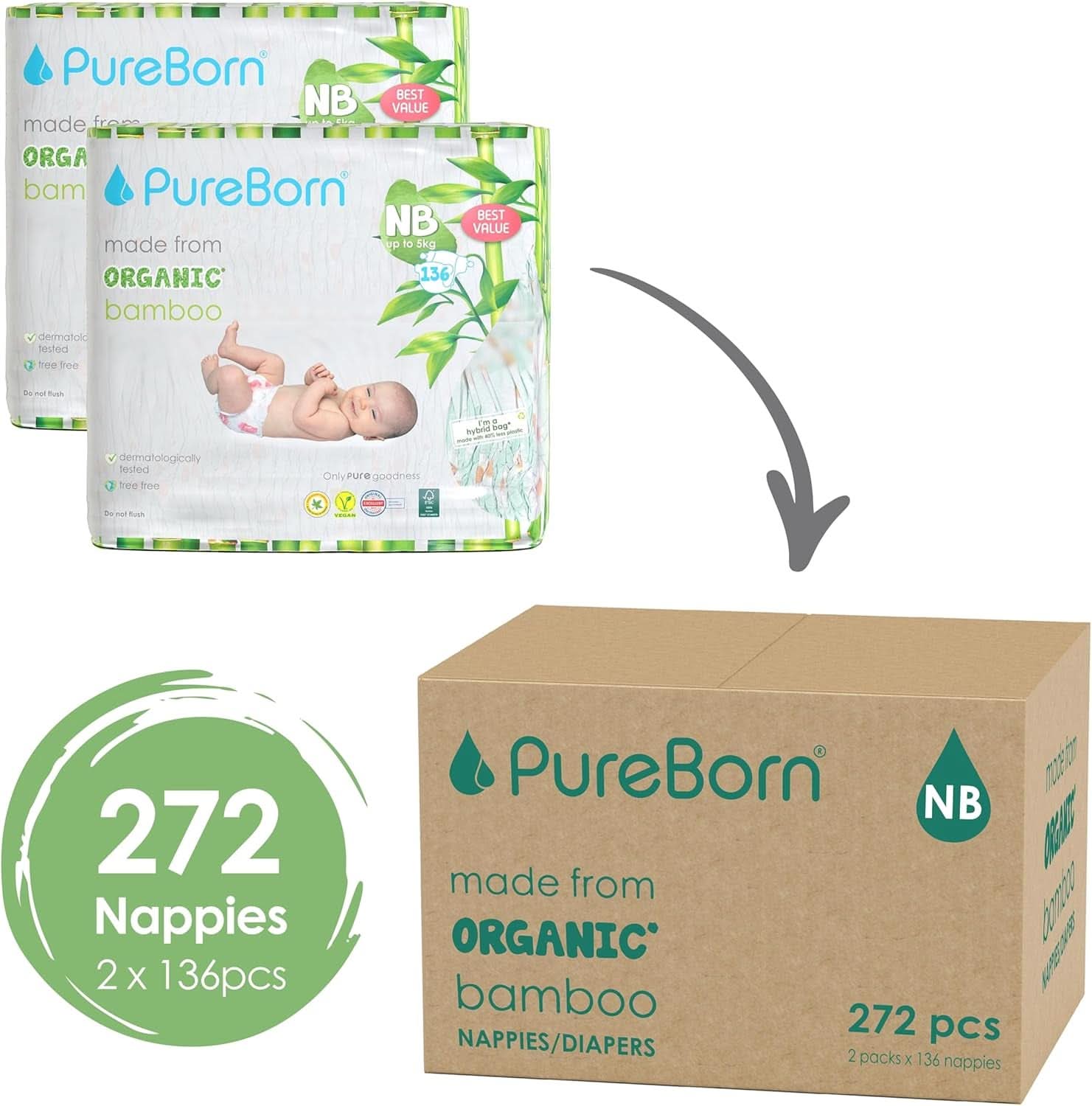 Pureborn Eco økologiske bambusbleer, nyfødtstørrelse (op til 5 kg), miljøvenlige, allergivenlige, ultrabløde, med fugtindikator, forskellige prints Mother and Baby Naty Shop