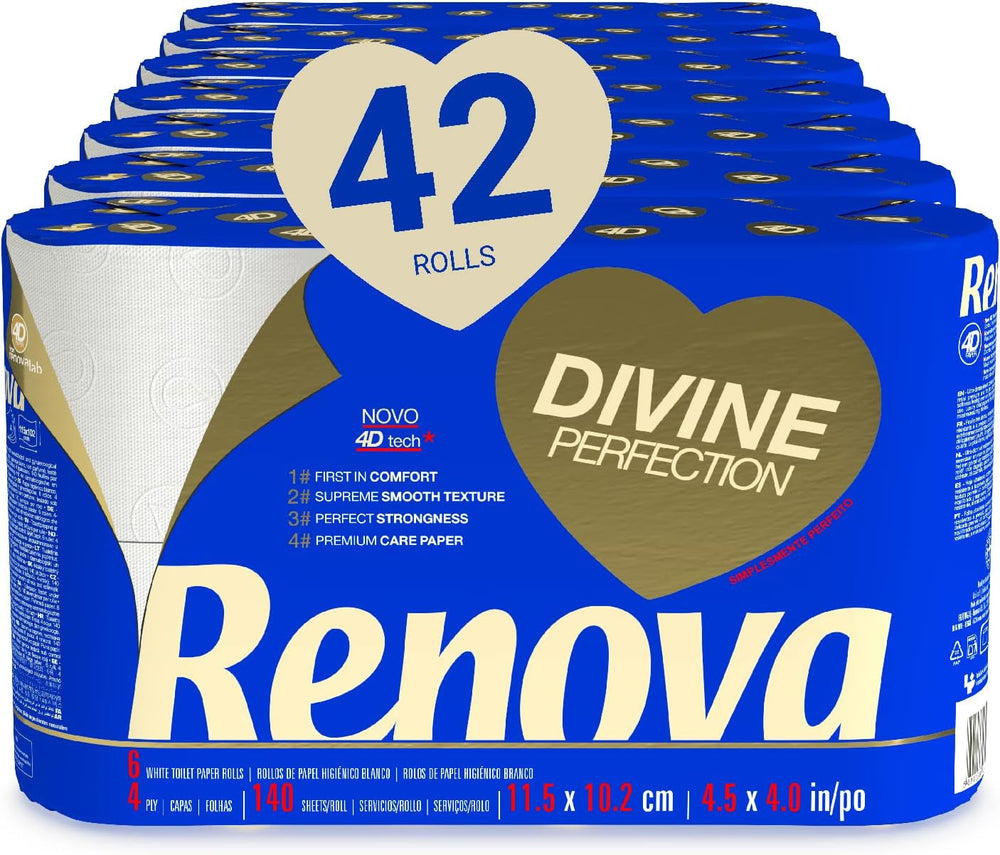 Hârtie igienică Renova Renova Divine Perfection, 42 role, hârtie igienică premium, 4 straturi, ultra moale, rezistență sporită, grosime, moale și absorbantă, hârtie certificată Fsc, 4400 G