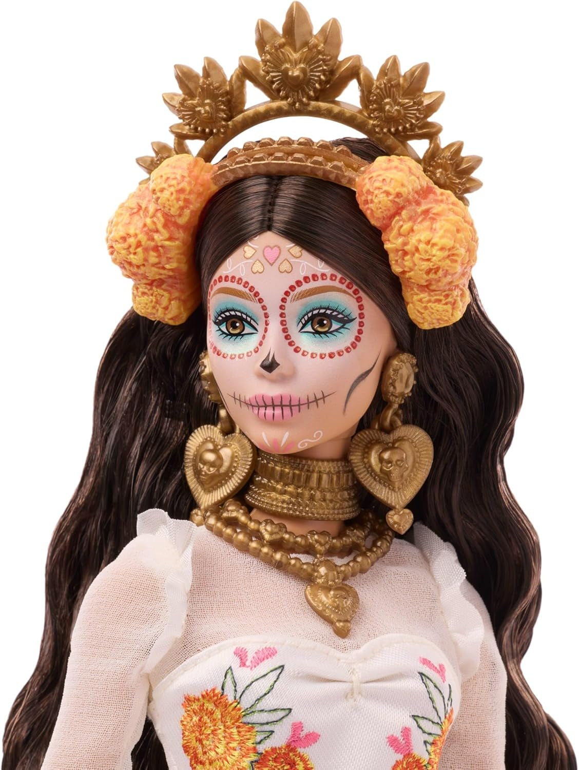 Păpușa Barbie Signature, Ziua Morților 2025, figurină de colecție cu rochie crem cu volane, flori de gălbenele și funde, coroană de flori în păr și vopsea facială Calavera, JBJ05