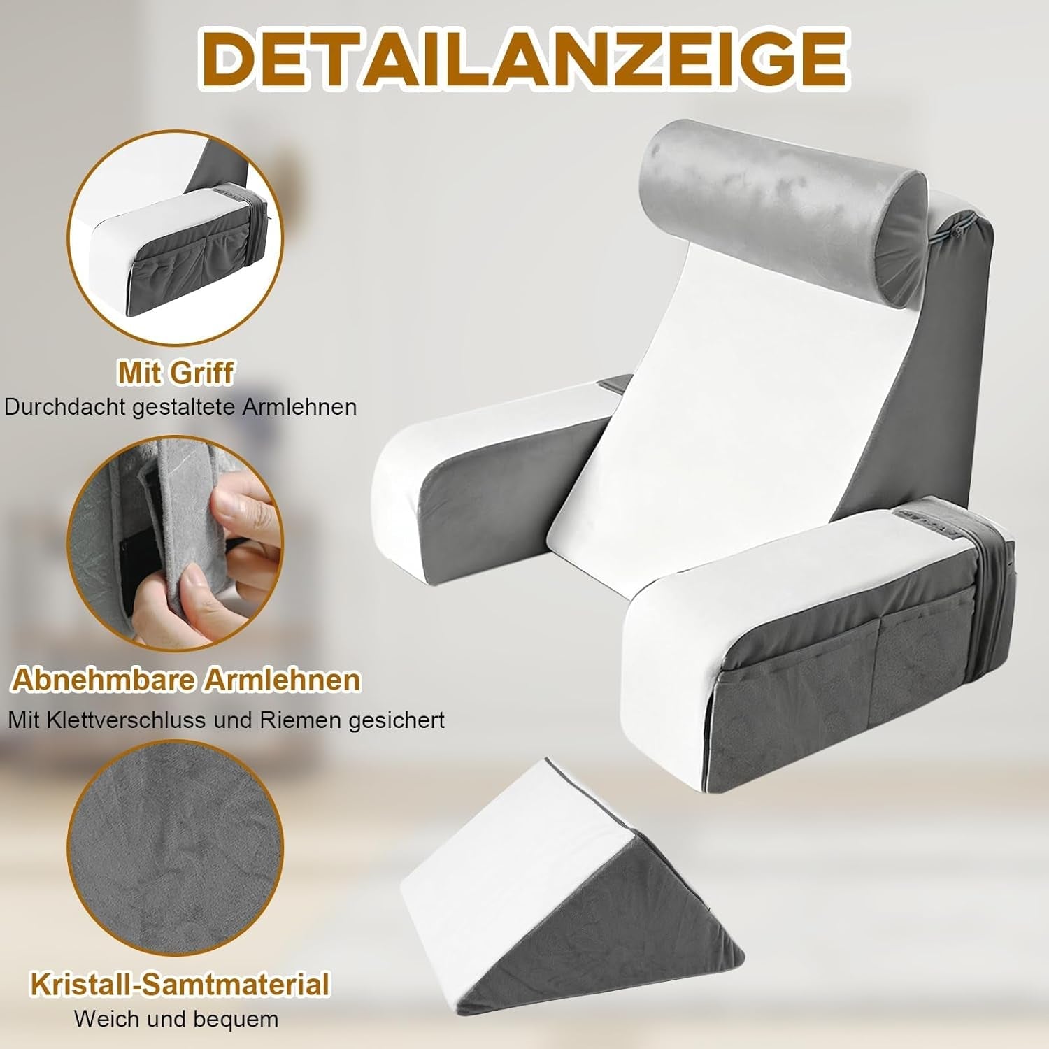 Pernă de citit cu suport pentru gât și cotieră detașabile, pernă de spate confortabilă și ușoară pentru pat și canapea, pernă de spate pentru adulți, spătar din spumă cu memorie pentru citit, vizionat la televizor și jocuri video