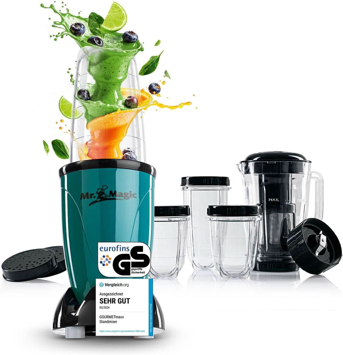 Gourmetmaxx Mr Magic Blender, Smoothie Maker med Xxl tilbehørspakke Naty Shop Grøn | Sort Mr. Magic | 400W | Xl-sæt