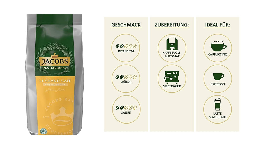 Jacobs Professional Le Grand Café Cream, hele kaffebønner 1 kg, Mild, Intensitet 2/5 Coffee Naty Shop