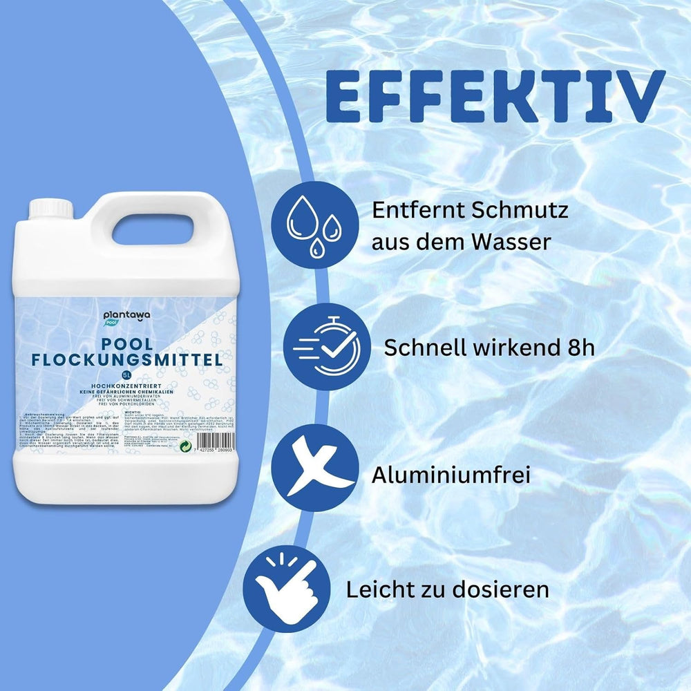 Pool flokkuleringsmiddel 5L | Pool flokkuleringsmiddel til krystalklart vand | Meget koncentreret og økonomisk | Velegnet til alle filtreringssystemer | Ingen skadelige tilsætningsstoffer