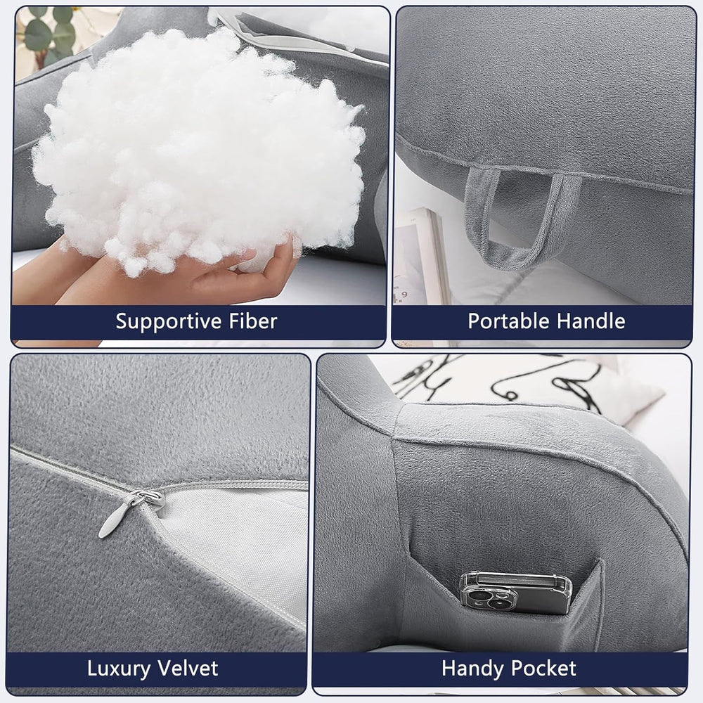 Pernă de citit, pernă de odihnă la pat pentru adulți și copii, pernă confortabilă din catifea pentru spate, cu cotiere, buzunare și mâner pentru a sta jos în pat, pernă de spate pentru citit, studiat și vizionat la televizor