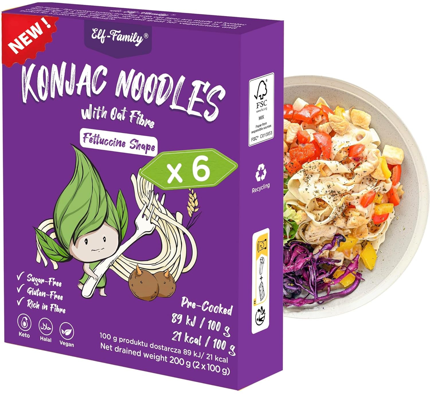 Premium Konjac-nudler fra Thailand, veganske, glutenfri - 240 g x pakke med 6 (12 pakker), Shirataki-nudler fra alffamilien, instant-nudler, pasta/keto/lav kulhydrat/lavt kalorieindhold/sukkerfri - spaghetti og fettuccine