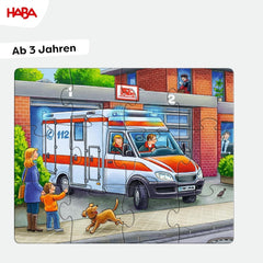 HABA Fire Brigade Puzzle - Set de 3 piese pentru copii cu vârsta de 3 ani și peste, puzzle din carton cu motive de poliție și ambulanță - Promovează abilitățile motorii fine și concentrarea - 1302759001 Puzzle Naty Shop