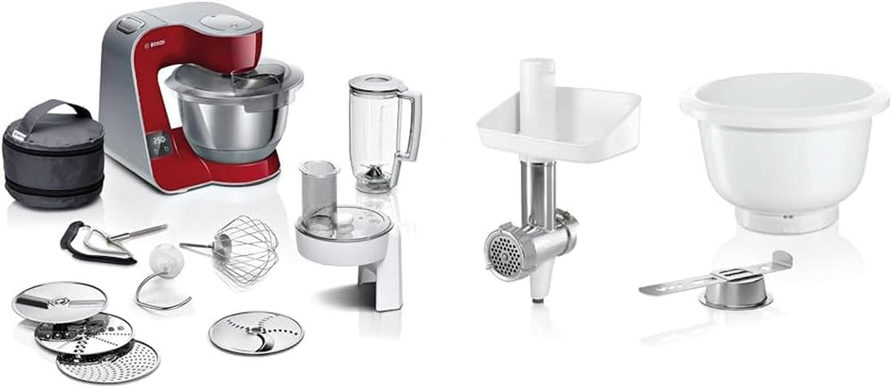 Bosch Series 4 MUM5X720 foodprocessor, integreret vægt, skål i rustfrit stål 3,9L, røremaskine 1,25L, 1000W Tilbehør Mad og amning Baby Naty Shop-pakke med Bakingsensation Mørkerød/sølv 2 tilbehør