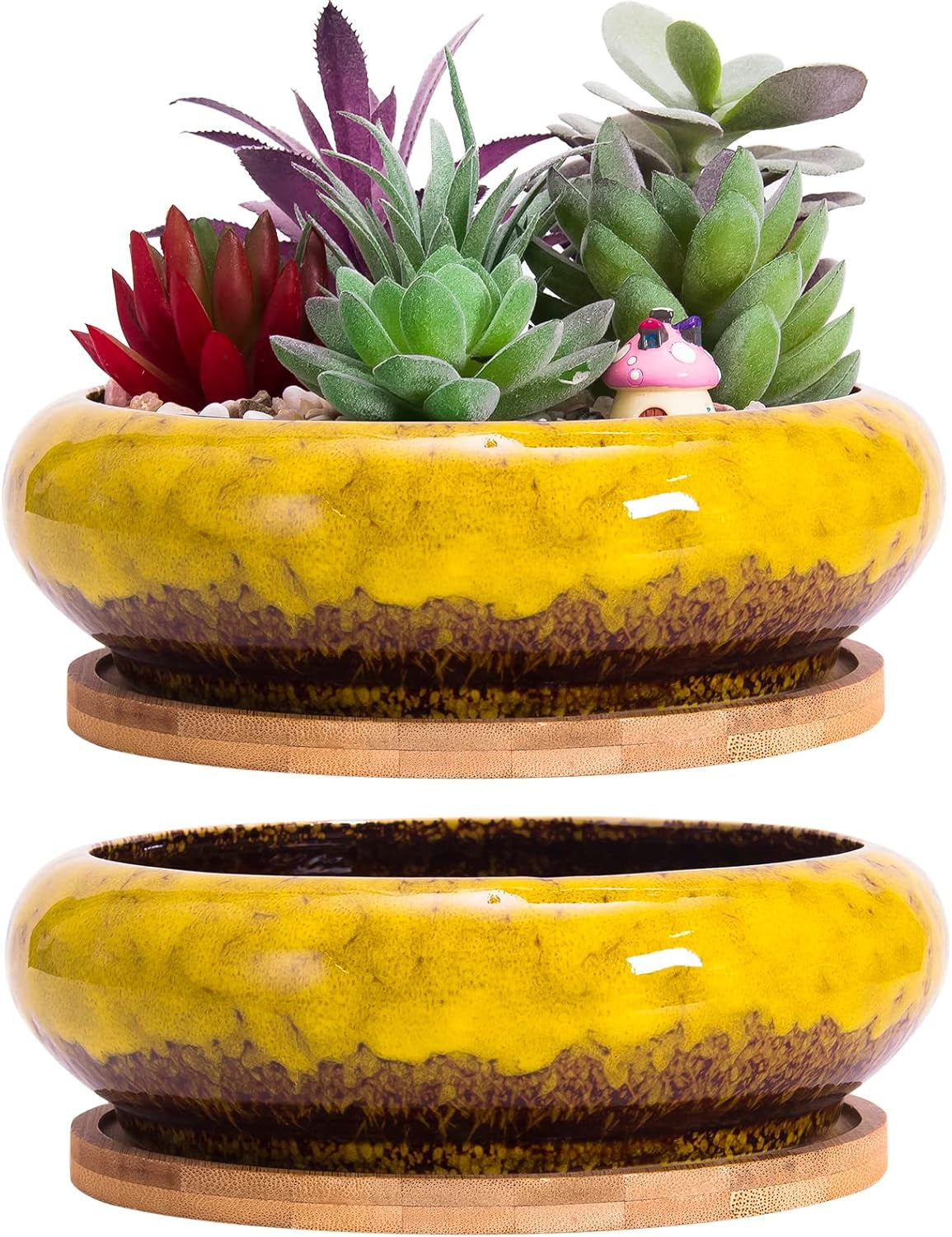 Ghivece mari pentru plante suculente cu farfurioare din bambus, jardiniere ceramice pentru cactus de 18,5 cm, ghivece rotunde pentru flori, recipiente pentru bonsai pentru grădină, birou, decorare birou