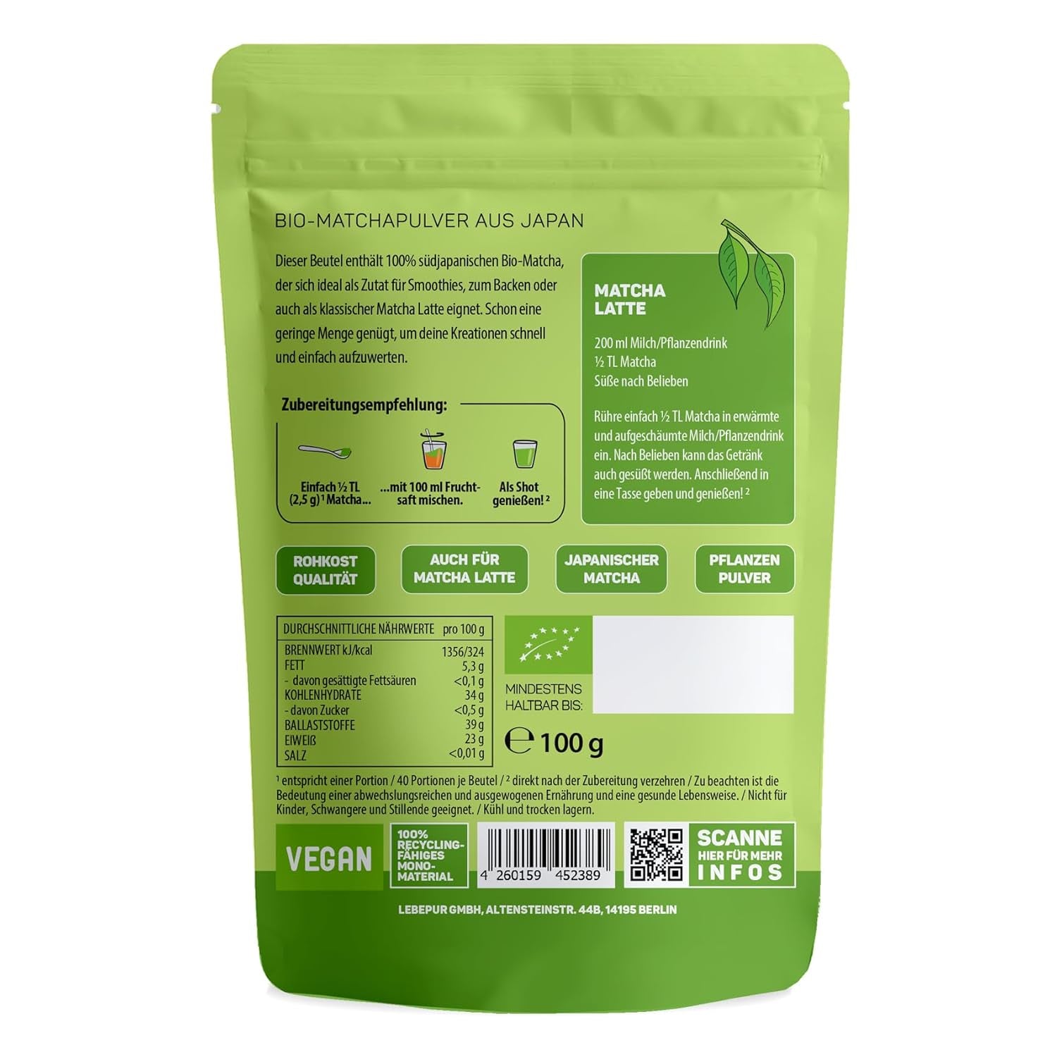 Lebepur BIO Matcha Pulbere 100G - Calitate premium din Japonia Fără aditivi - 100% pulbere de ceai verde pură pentru Matcha Latte, ceai Matcha, ceai verde, smoothie - Ceai verde japonez