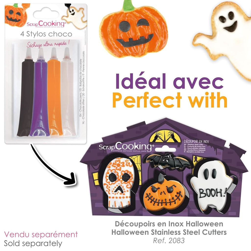 Scrapcooking - Set de 4 stilouri de ciocolată de Halloween - negru, portocaliu, violet și alb, scrieți și desenați pe deserturi, prăjituri și biscuiți Naty Shop