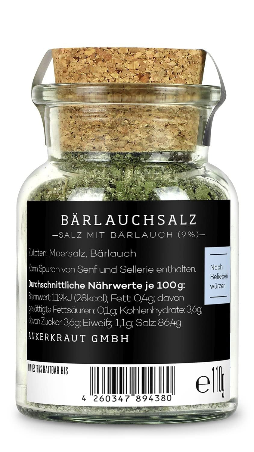 Ankerkraut Bärlauch Salz, Lecker Fleisch und Salat Verfeinern, Knoblauch-lignende Gesmack Aroma, Kräuter mit Gewürz zum Kochen, 110 g im Corkenglas