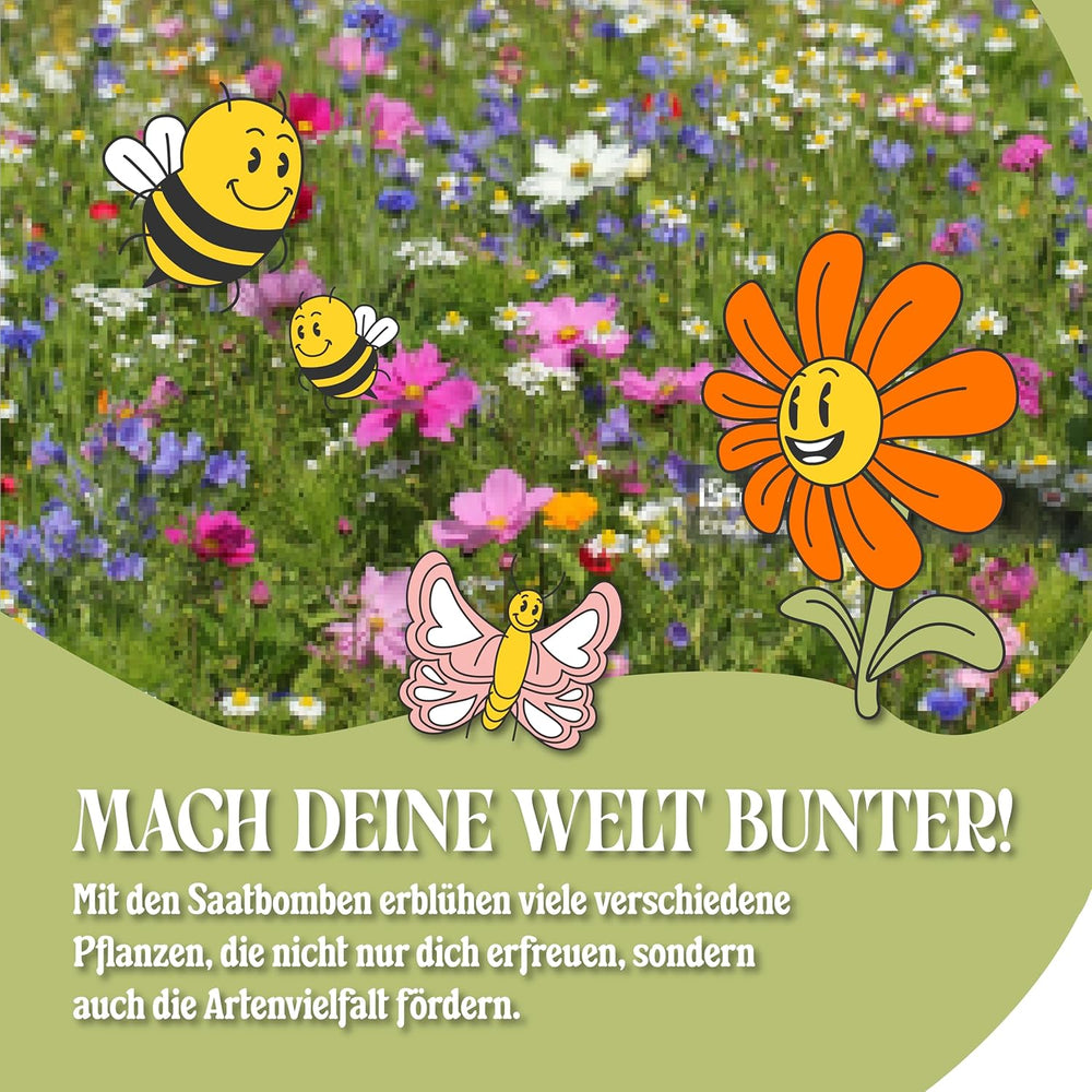 LouMaxx 10x3 håndlavet frøbombesæt, frøbombegave, blomsterfrø som festgaver, bæredygtige frø til børns festfavoritter, miljøvenlige plantekugler med 50+ slags blomsterfrø