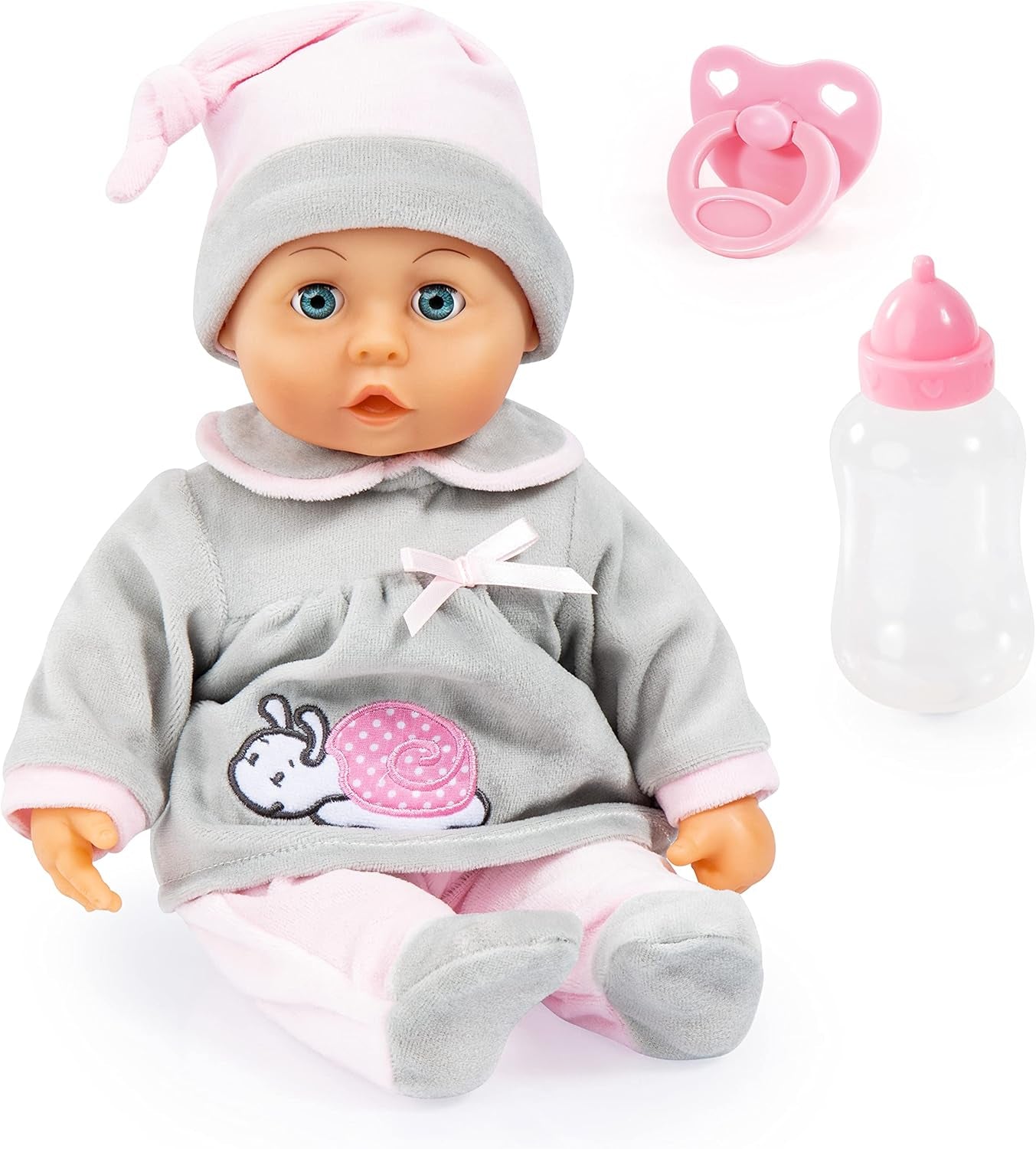 Bayer Design 93800-pink 93825AA Babypuppe First Words, Schlafaugen, spricht 24 Babylaute, weicher Körper, mit Schnuller und Flasche, 38 cm, pink
