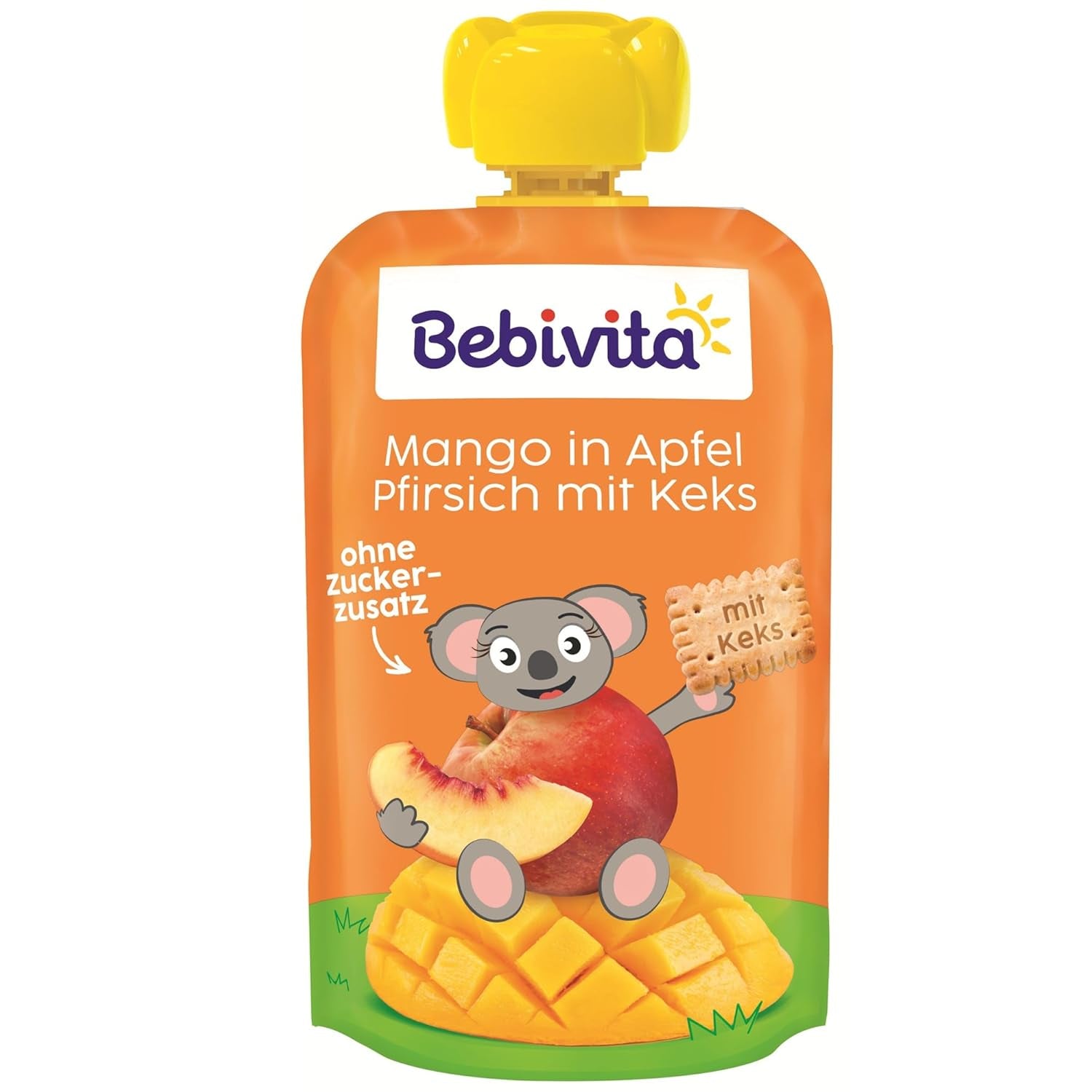 Mango i æble- og ferskensovs med en pose kiks (6 x 120 g), uden tilsat sukker, lavet af milde frugter og værdifulde kornprodukter, ideel til snacks og på farten.