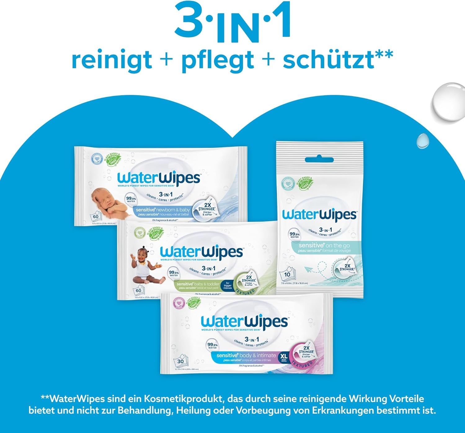 WaterWipes Sensitive+ vådservietter til nyfødte og babyer, 540 stykker (9 pakker), 3-i-1 rengøring, pleje, beskyttelse, 99,9 % vand, parfumefri