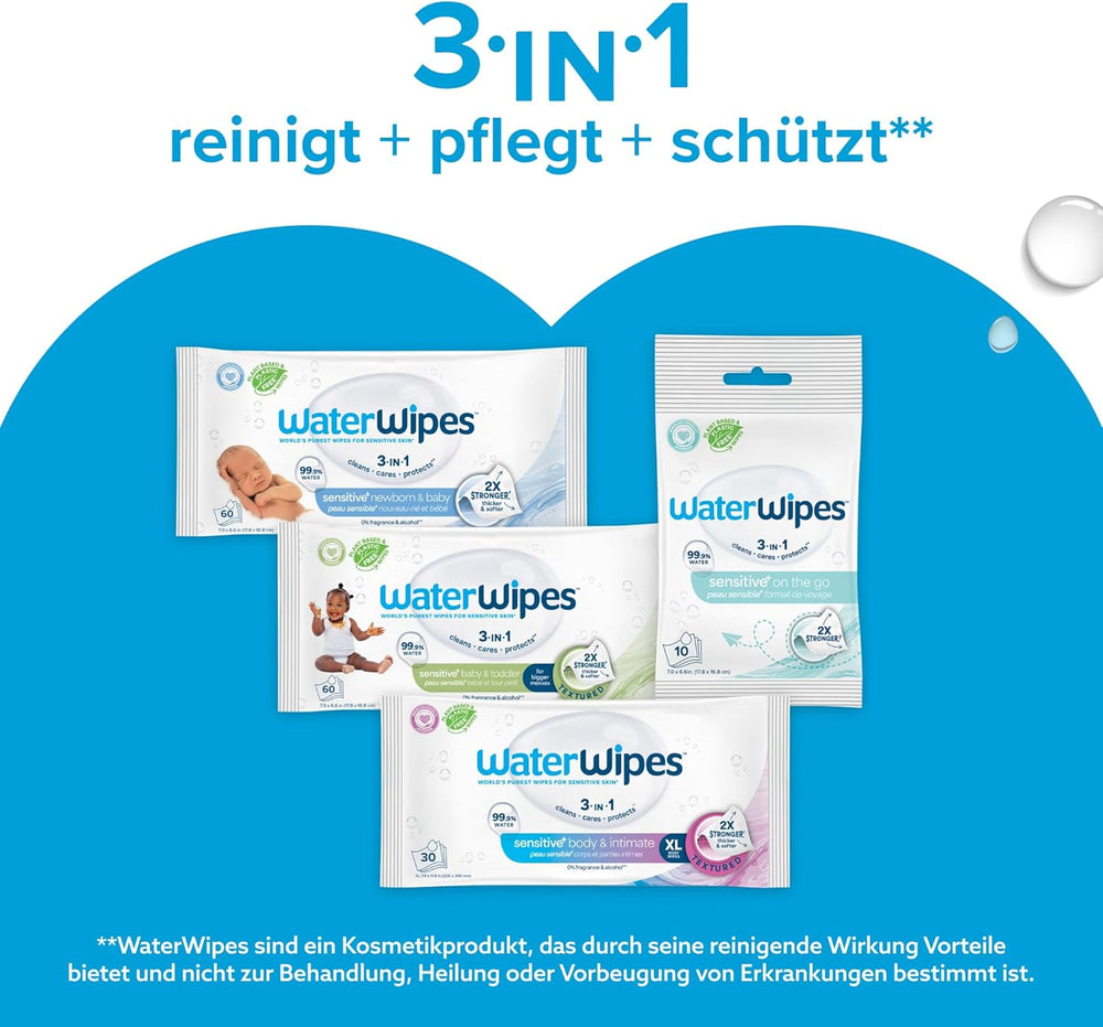 WaterWipes Sensitive+ vådservietter til nyfødte og babyer, 540 stykker (9 pakker), 3-i-1 rengøring, pleje, beskyttelse, 99,9 % vand, parfumefri