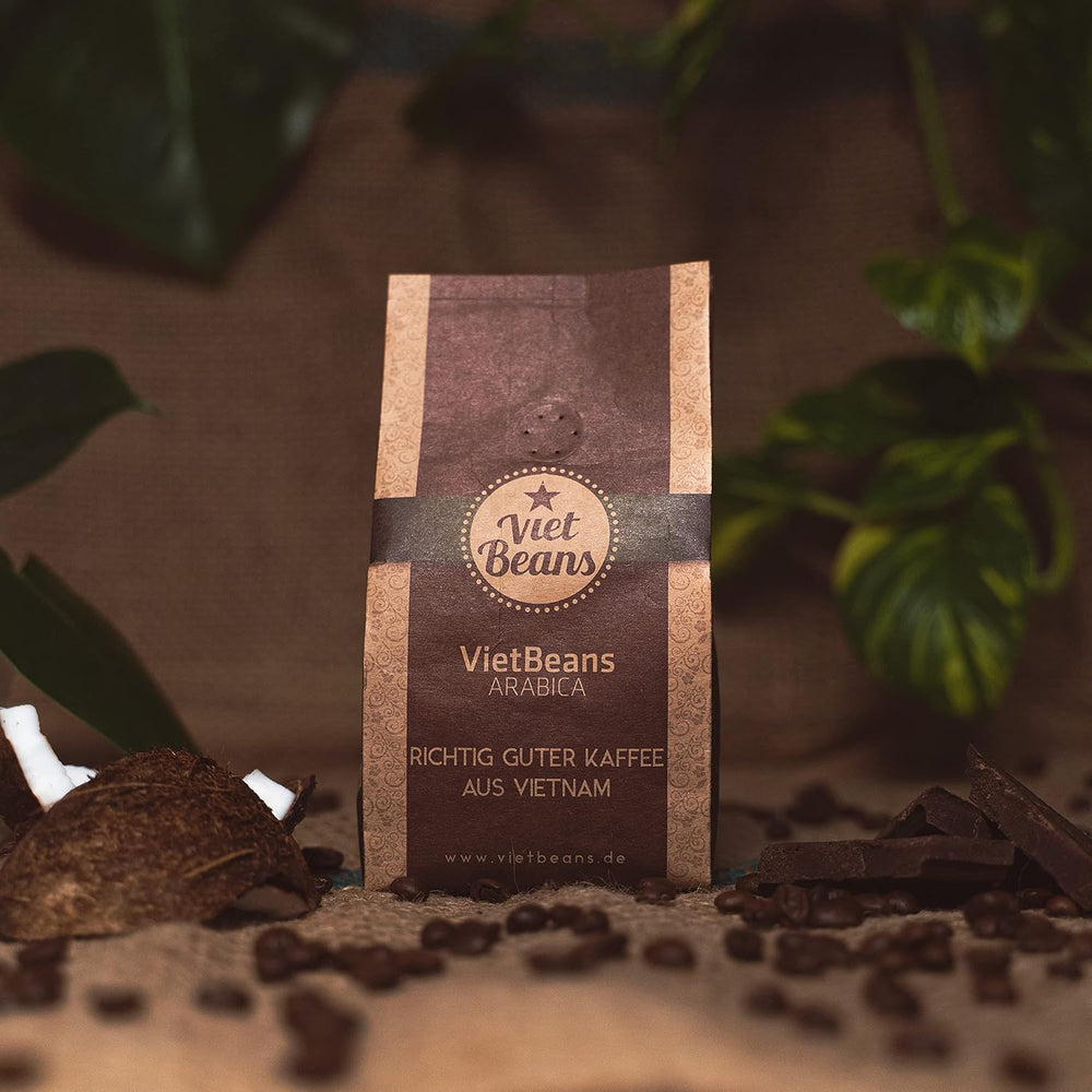 VietBeans 100% Arabica Gemahlener Röstkaffee - Kaffee säurearm gemahlen - Fruchtiger Hochlandkaffee mit Nebennote Karamell und Honig - Leicht bittere Süße - 250g