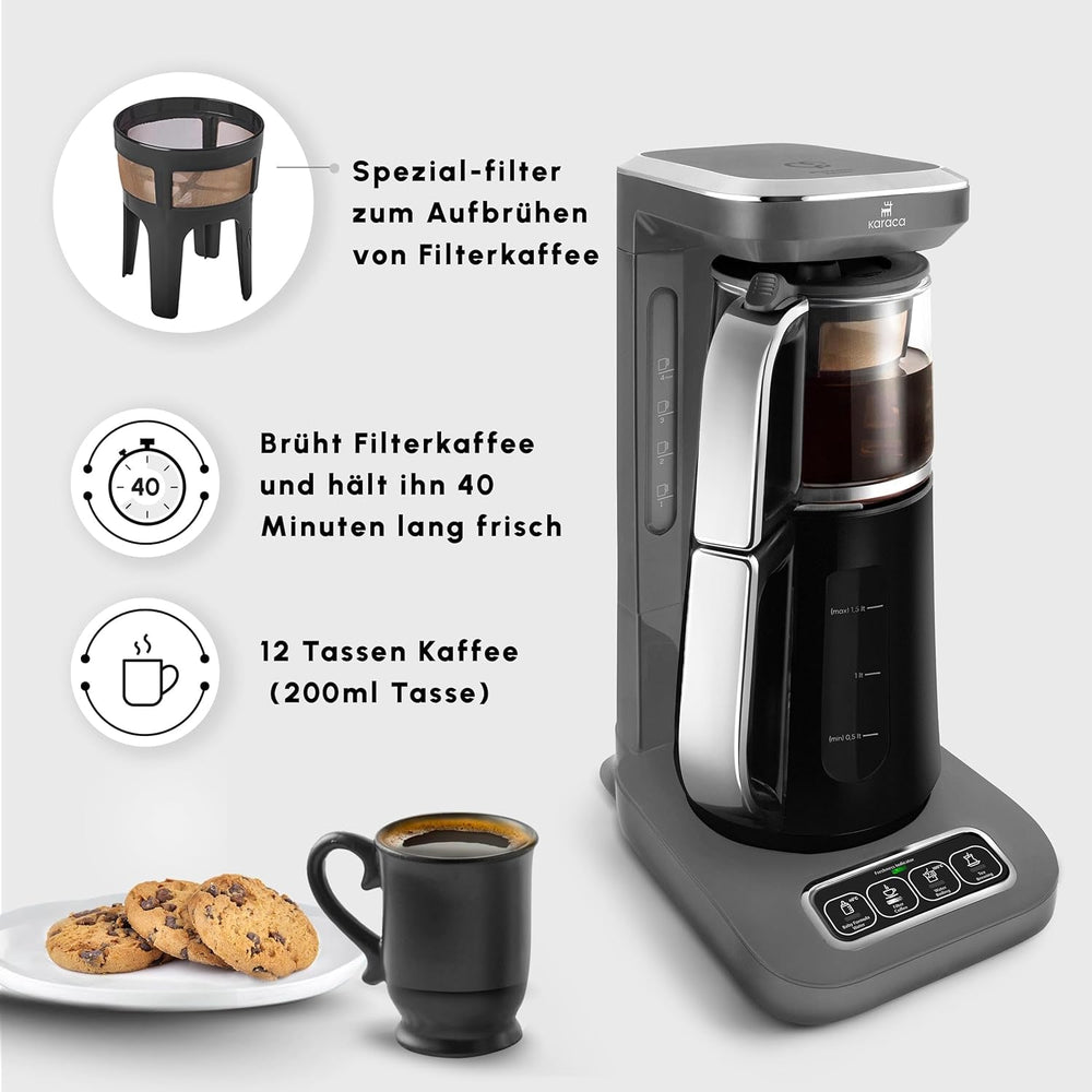 Karaca Caysever Robotea Pro Aparat de ceai automat vorbitor 4 în 1 cu filtru, încălzitor de terci și aparat de ceai la ibric, 2500 W, ceainic turcesc gri spațial