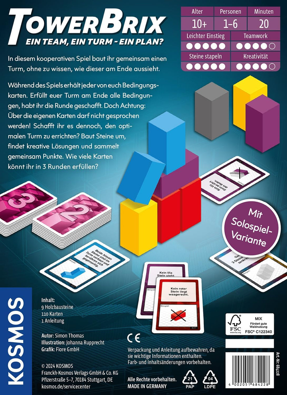 KOSMOS 684228 TowerBrix: Et hold, ET tårn - EN plan? Samarbejdsbehændighedsspil, byg sammen uden en plan, brætspil for 1-6 spillere fra 10 år og opefter