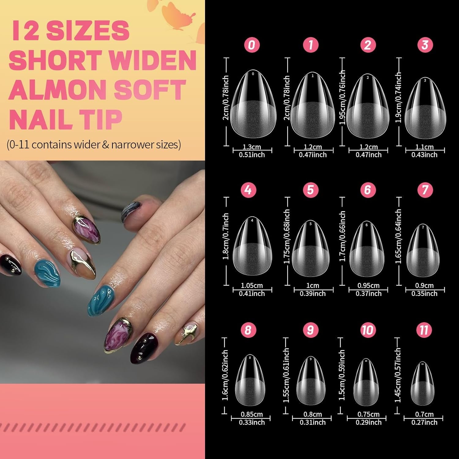 Tipuri de unghii pentru unghii cu gel, set 120 bucăți unghii artificiale scurte, culoare migdale, 11 dimensiuni unghii cu gel, tipuri de unghii cu lipici, bloc de buffer pentru unghii