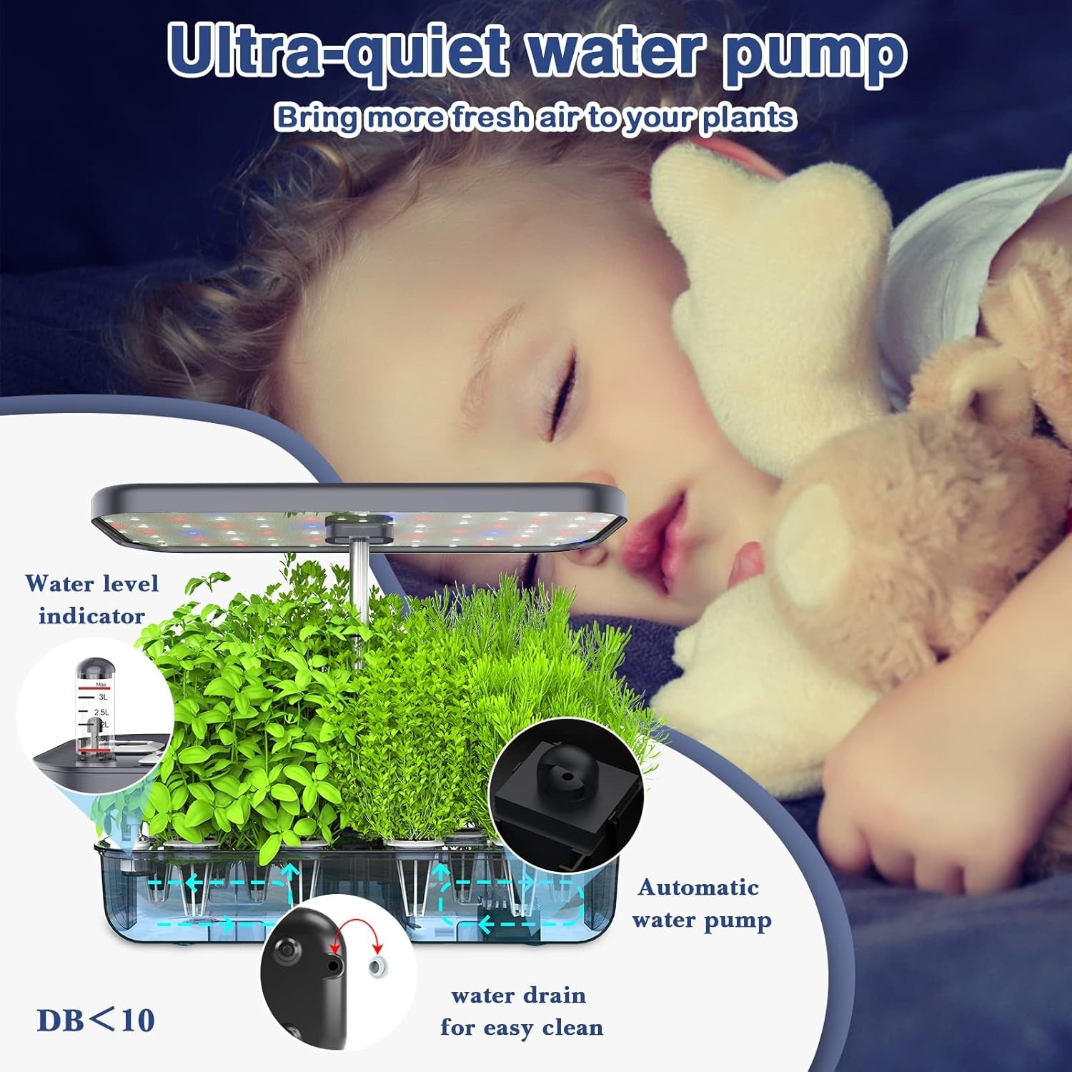 Hydroponisk dyrkningssystem med 12 redskaber, indendørs urtehavesæt med LED-lys, smart hjemmehave, køkken, spiresæt med automatisk timer (grå)