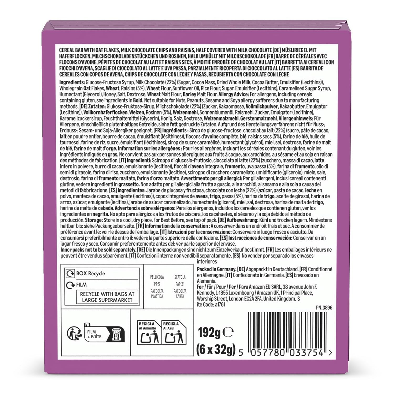 Müslibar med chokolade og rosiner fra Amazon, 192g