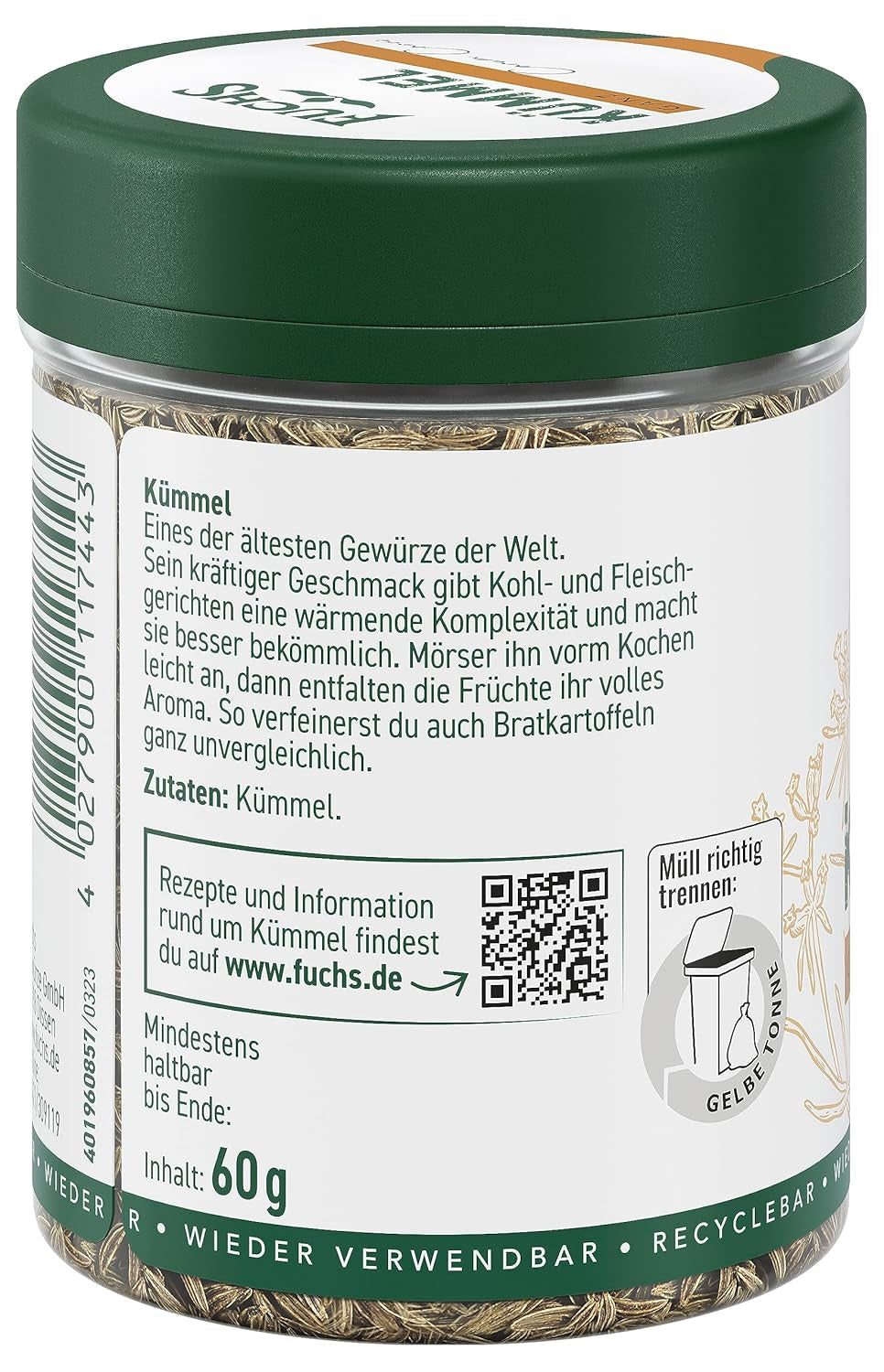 Fuchs Gewürze - Kümmel ganz - kräftiges Gewürz für Kohl- und Fleischgerichte oder zu Bratkartoffeln - naturlig Ingrediens - 60 g i wiederverwendbarer, genbrugsbarer Dosis