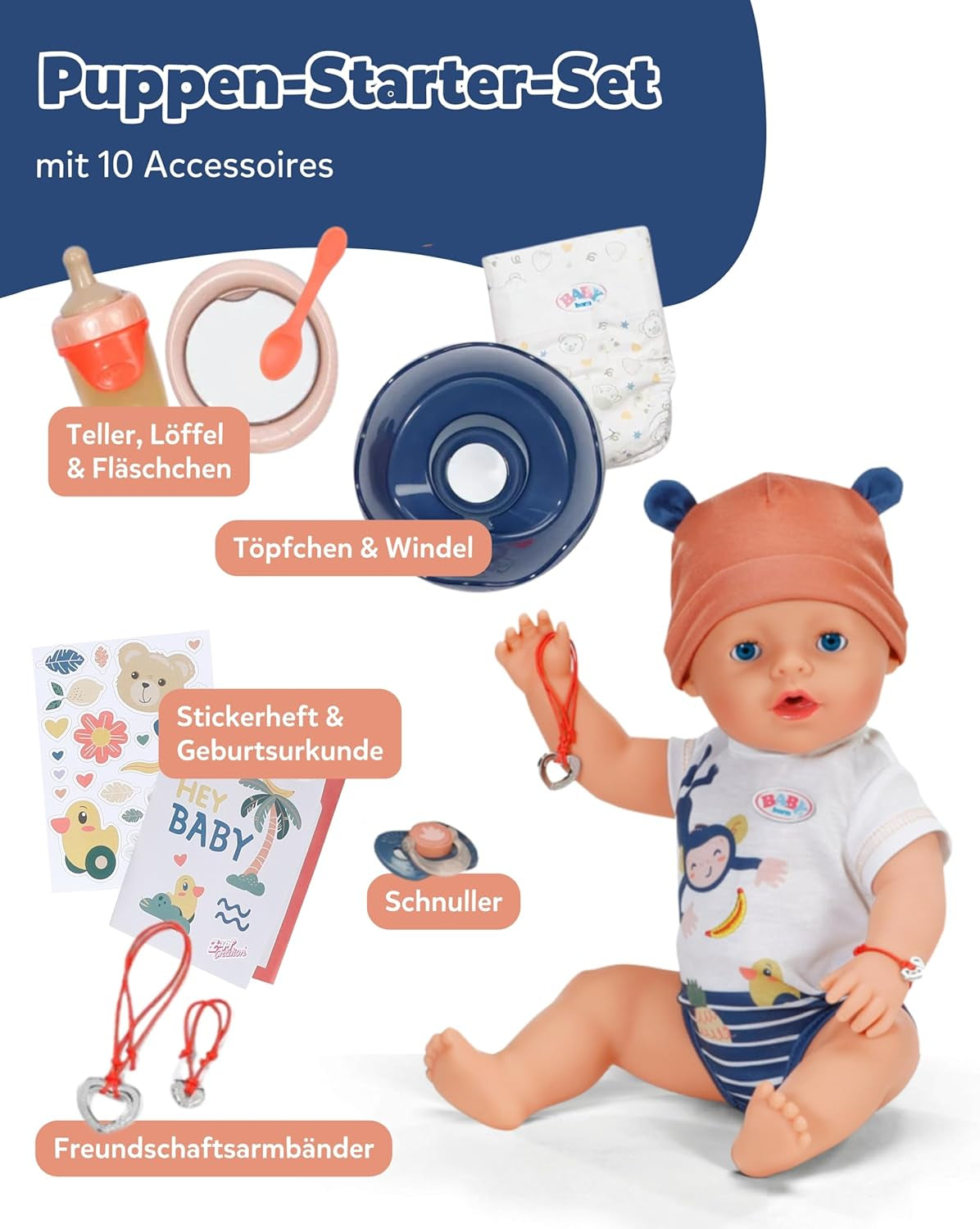 BABY Born Emma i jungle stil - Dukke 43 cm høj - 10 funktioner Inklusiv tilbehør og kjole i unisex farver - Fungerer uden batterier - Velegnet til børn fra 3 år og derover Naty Shop Dolls