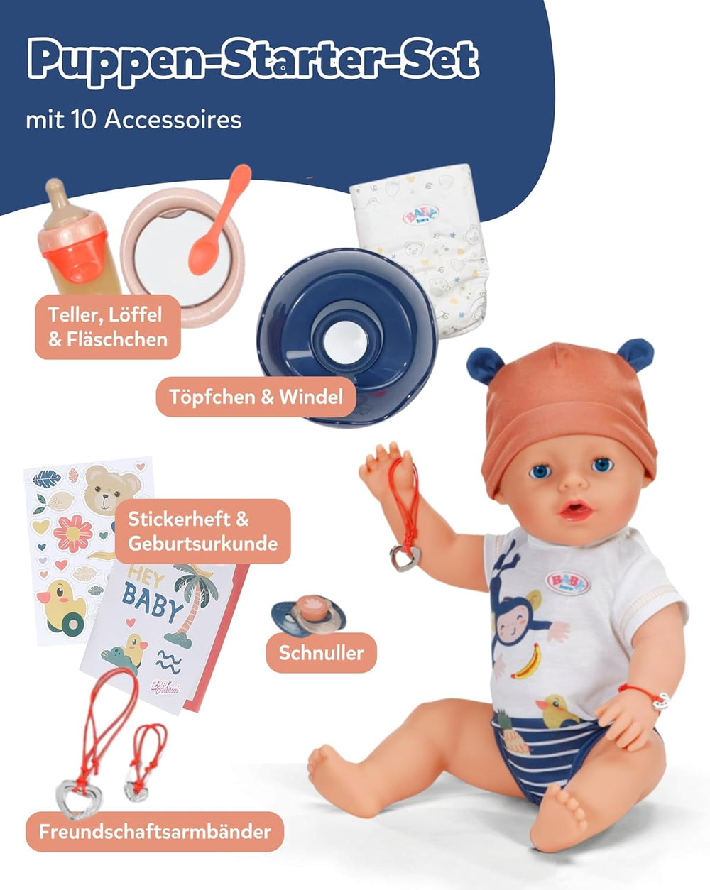 BABY Born Emma i jungle stil - Dukke 43 cm høj - 10 funktioner Inklusiv tilbehør og kjole i unisex farver - Fungerer uden batterier - Velegnet til børn fra 3 år og derover Naty Shop Dolls
