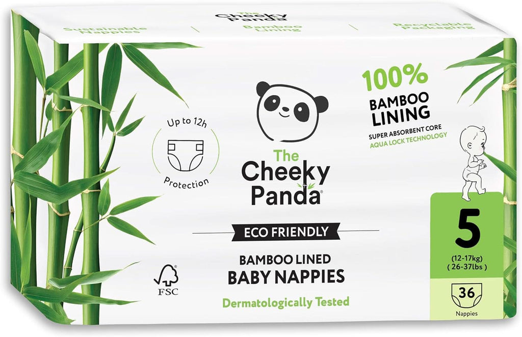 The Cheeky Panda - Scutece pentru bebeluși din bambus - Până la 12 ore de protecție împotriva scurgerilor Mama si Copilul Naty Shop Marimea 5 (36 bucati)