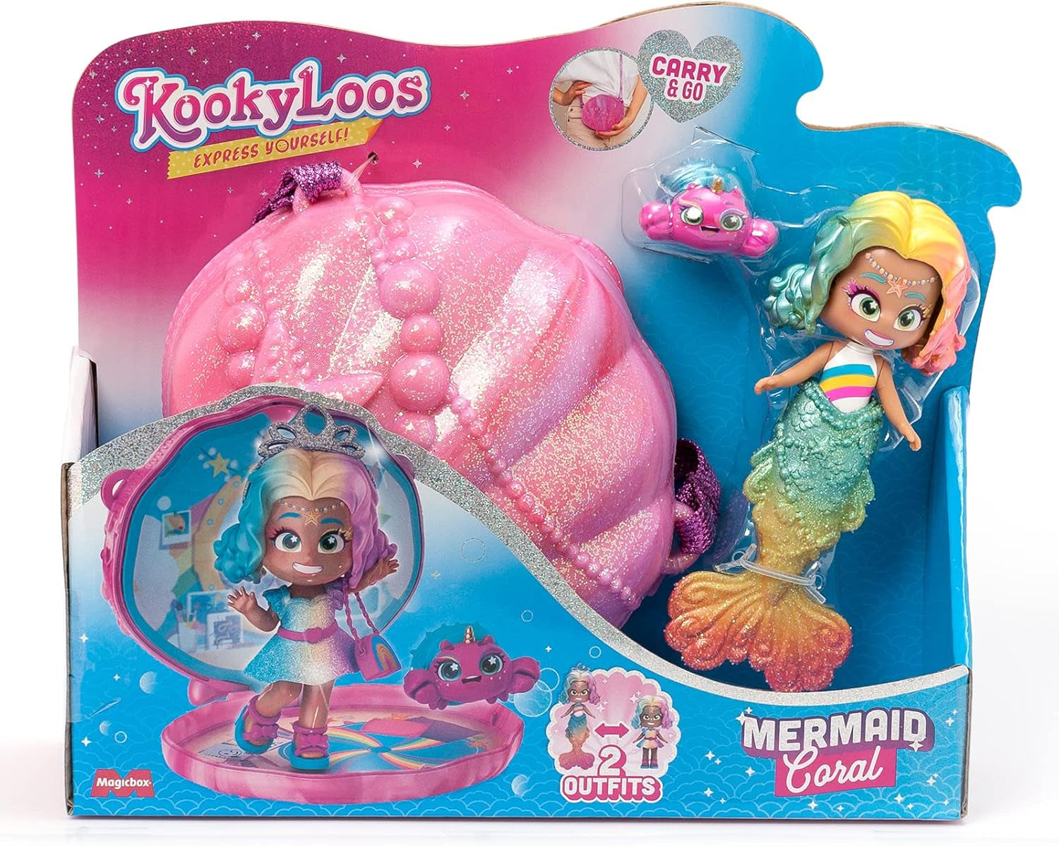 Mermaids Coral Meerjungfrauen-Puppe med 1 Muscheltasche, 1 Meerjungfrauenschwanz, 1 Haustier, Kleidung, Accessories og Schuhe