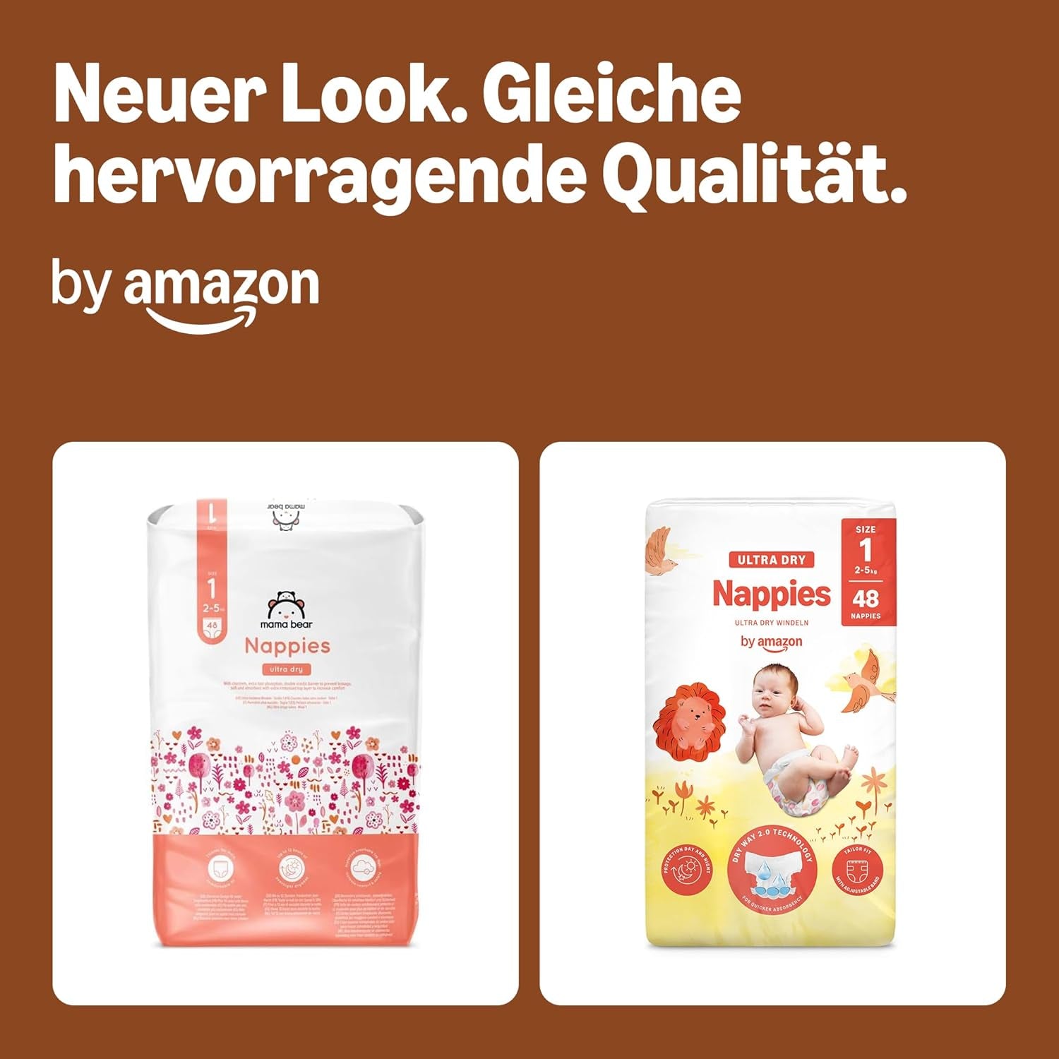 Amazon Ultra Dry Bleer, størrelse 1 (2-5 kg) - Månedlig æske, hvid, 96 antal (2 pakker af 48) (tidligere Mama Bear Brand, identisk produkt)