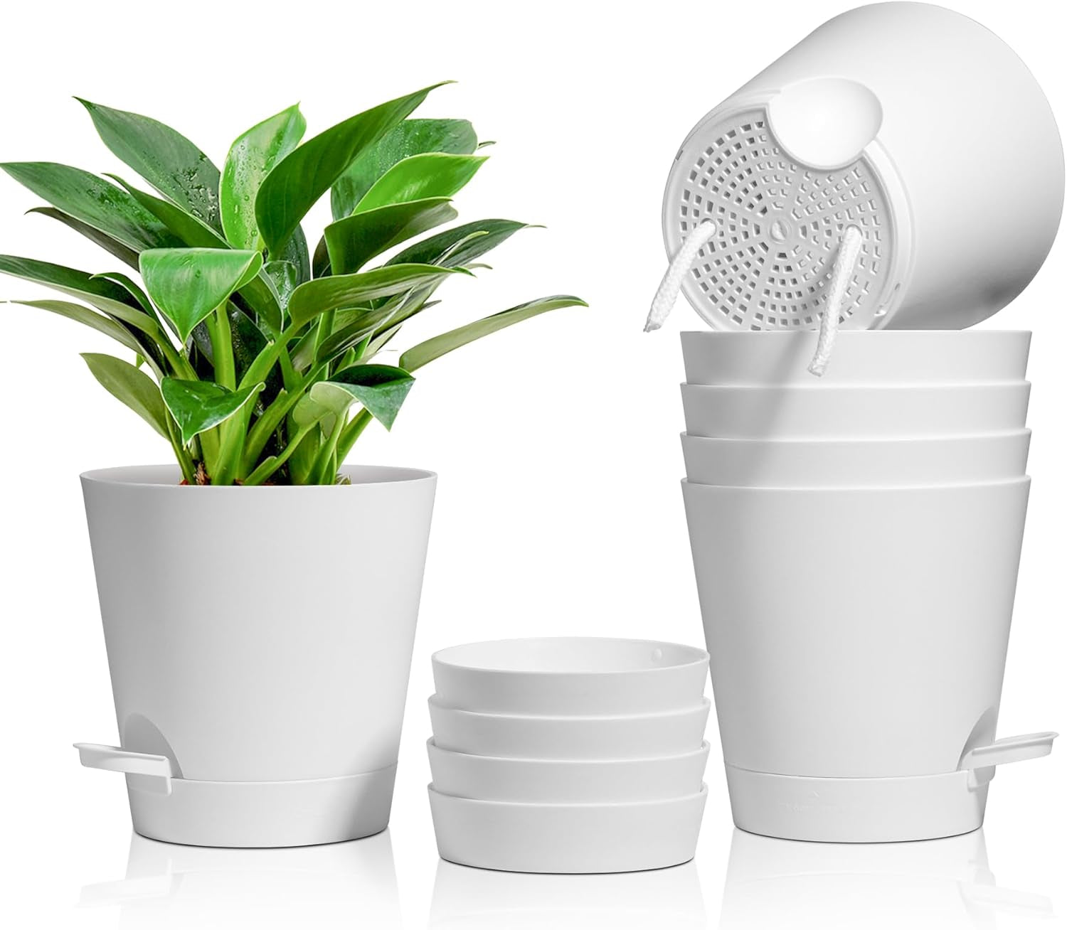 T4U 14 cm plastik urtepotter med vandingssystem, sæt med 6 selvvandende urtepotter og underkopper, runde potter til indendørs altanhaveplanter, sukkulenter, kaktusser, hvid