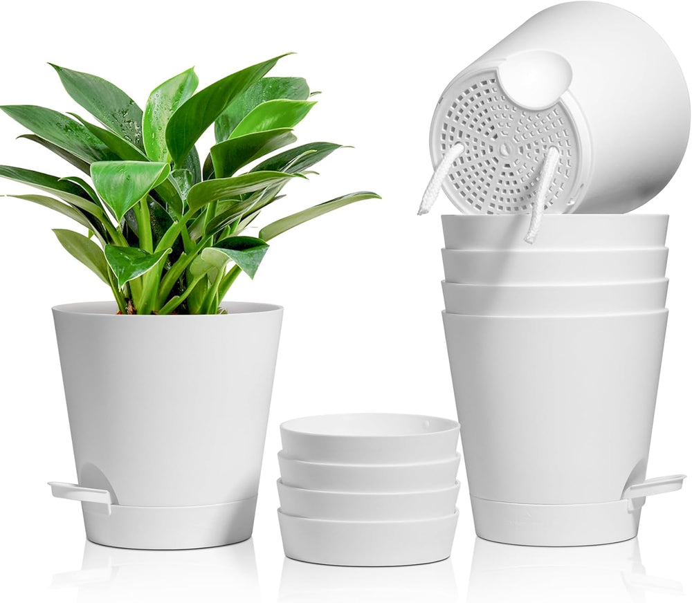 T4U 14 cm plastik urtepotter med vandingssystem, sæt med 6 selvvandende urtepotter og underkopper, runde potter til indendørs altanhaveplanter, sukkulenter, kaktusser, hvid