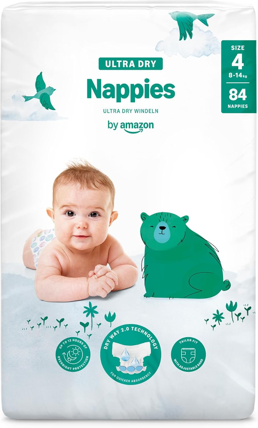Amazon Ultra Dry Bleer, størrelse 3 (4-9 kg) - Månedlig æske, hvid, 172 antal (2 pakker af 86) (tidligere Mama Bear, identisk produkt)