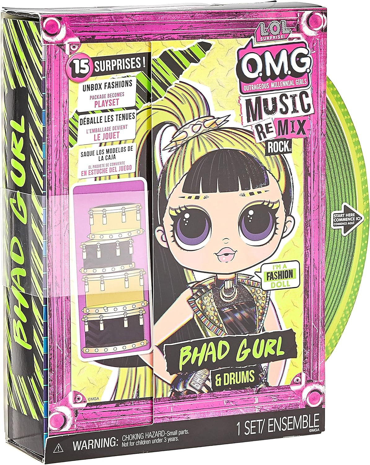 L.O.L. Surprise! OMG Remix Rock BHAD GIRL Modepuppe mit 15 Überraschungen - mit Schlagzeug, Outfit, Schuhen, Bürste, Puppenständer, Songtext-Magazin & Plattenspieler-Paket - Für Mädchen ab 4+ Jahren