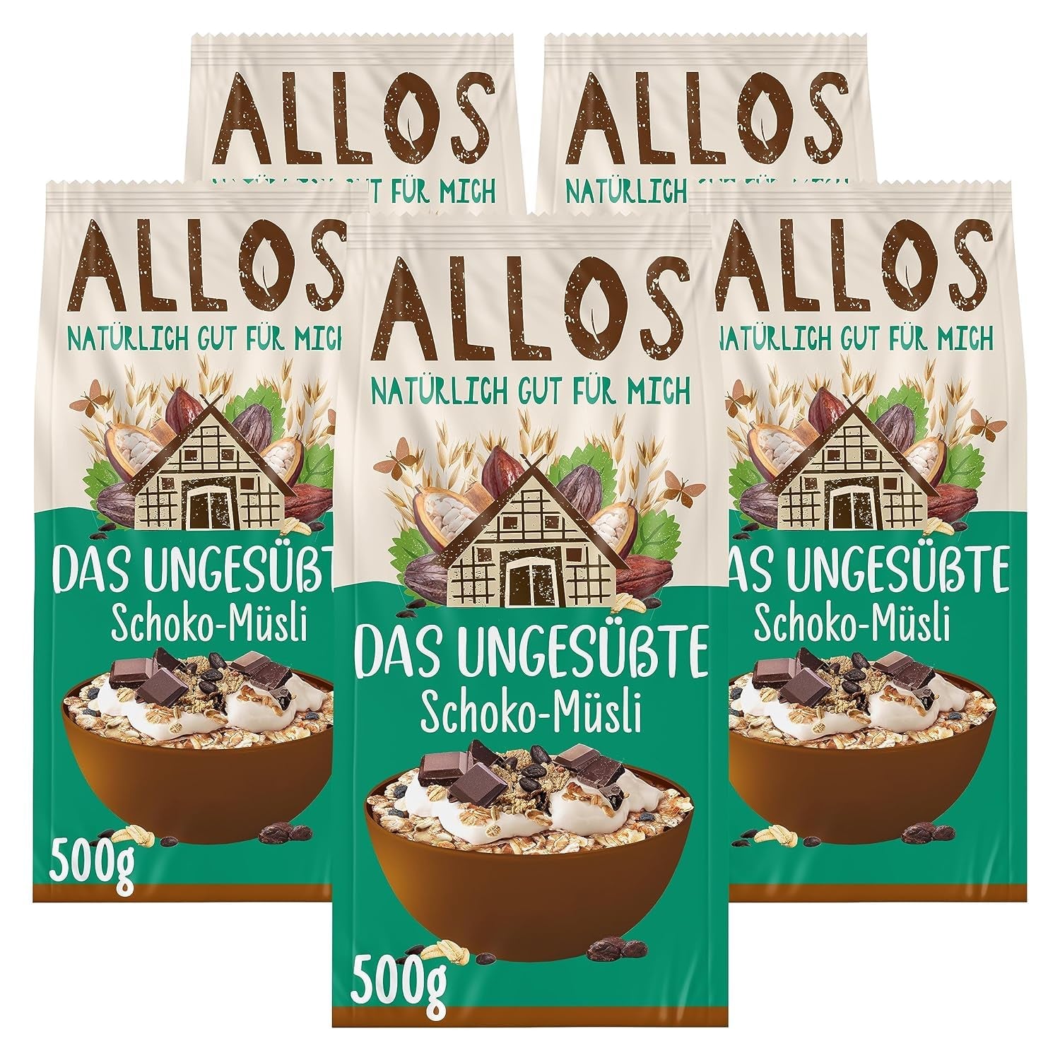 Allos usødet protein müsli | Økologisk müsli | Havregryn | Korn til morgenmad | Vegansk (5 x 450 g), 1 stk (pakke med 5)