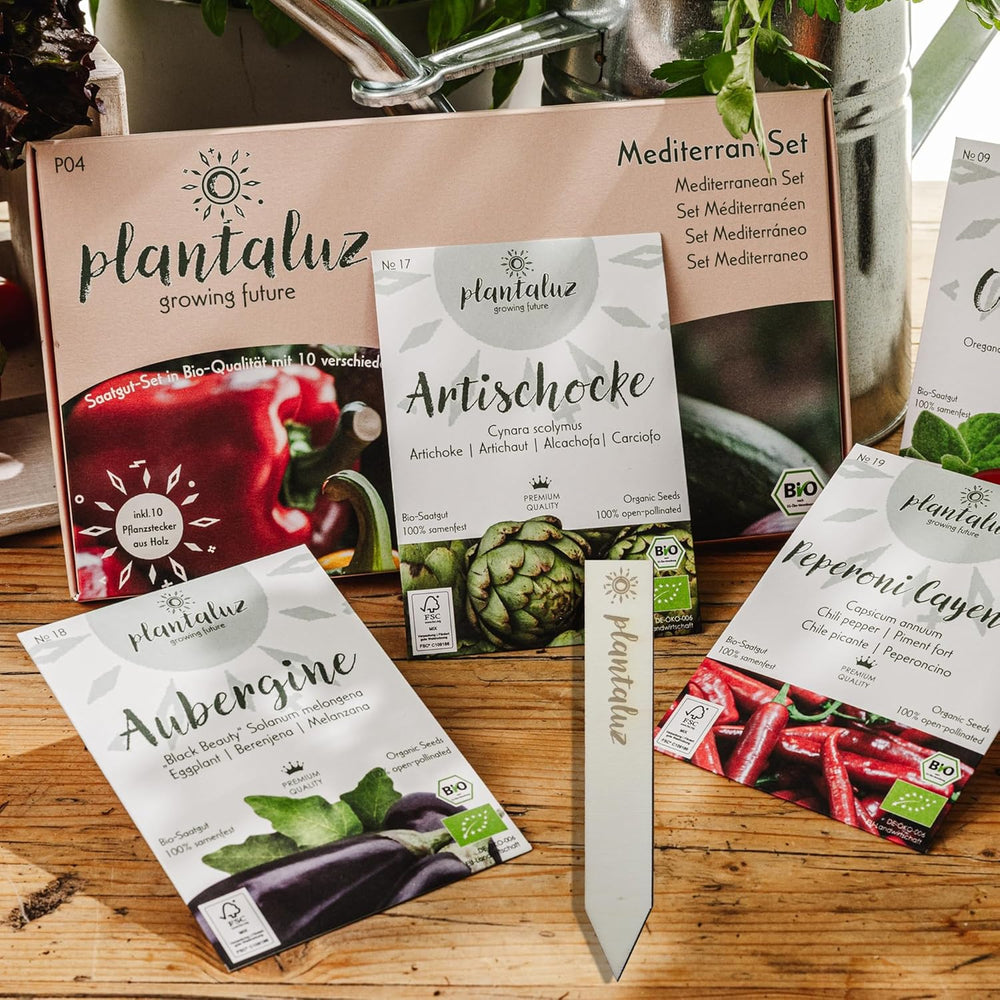 Plantaluz Premium økologisk frøsæt P04 – Middelhavsgrøntsags- og urtefrøsæt med 10 sorter til have, balkon og højbede – inklusive FSC-plantepinde – Frie bestøvede og GMO-frie økologiske frø