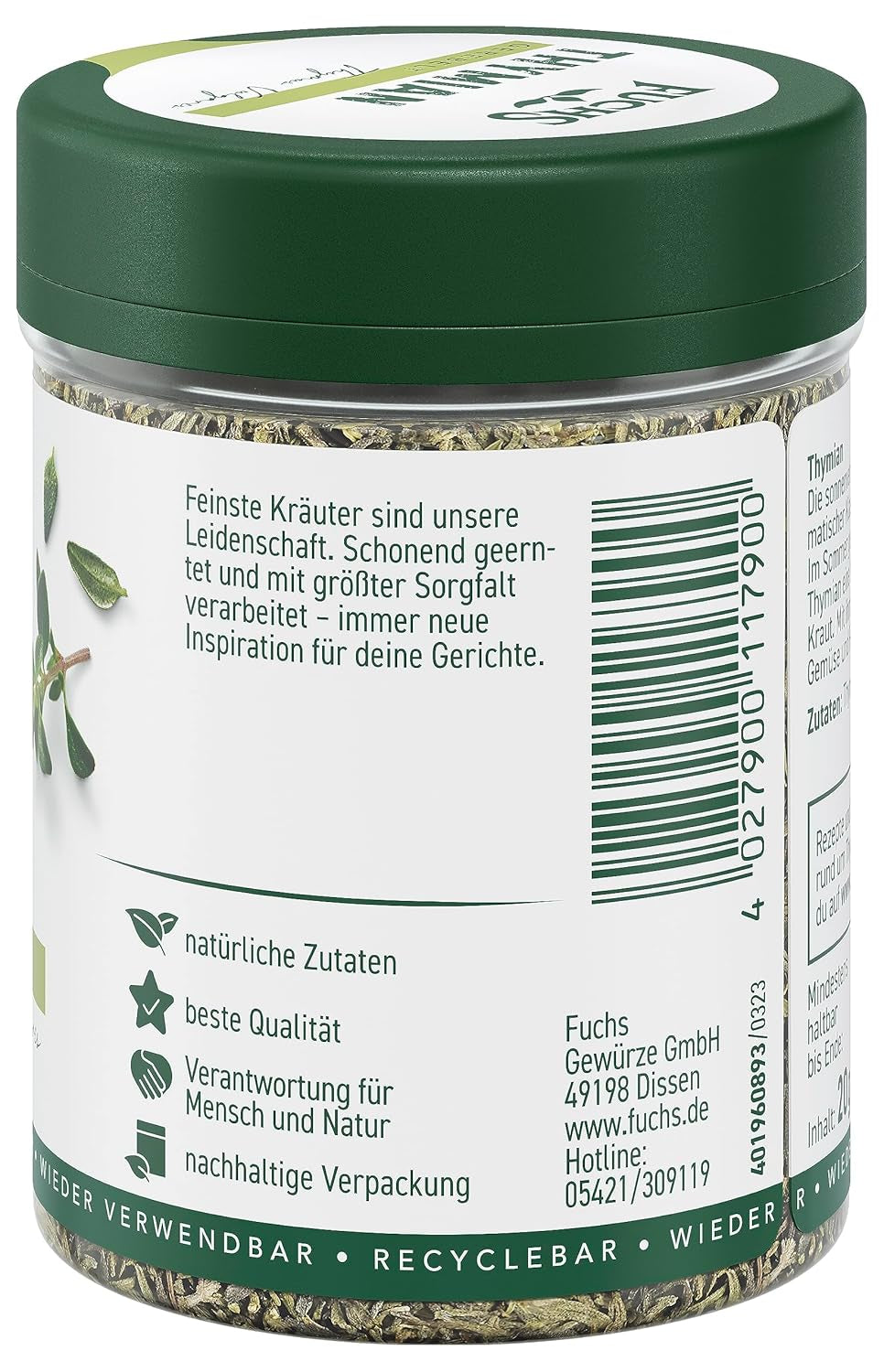 Fuchs Gewürze - Timian gerebelt - Mediterranean Kräuternote für Feta, Gemüse und Fleischgerichte - naturlige ingredienser - 20 g i wiederverwendbarer, genbrugsbarer Dosis