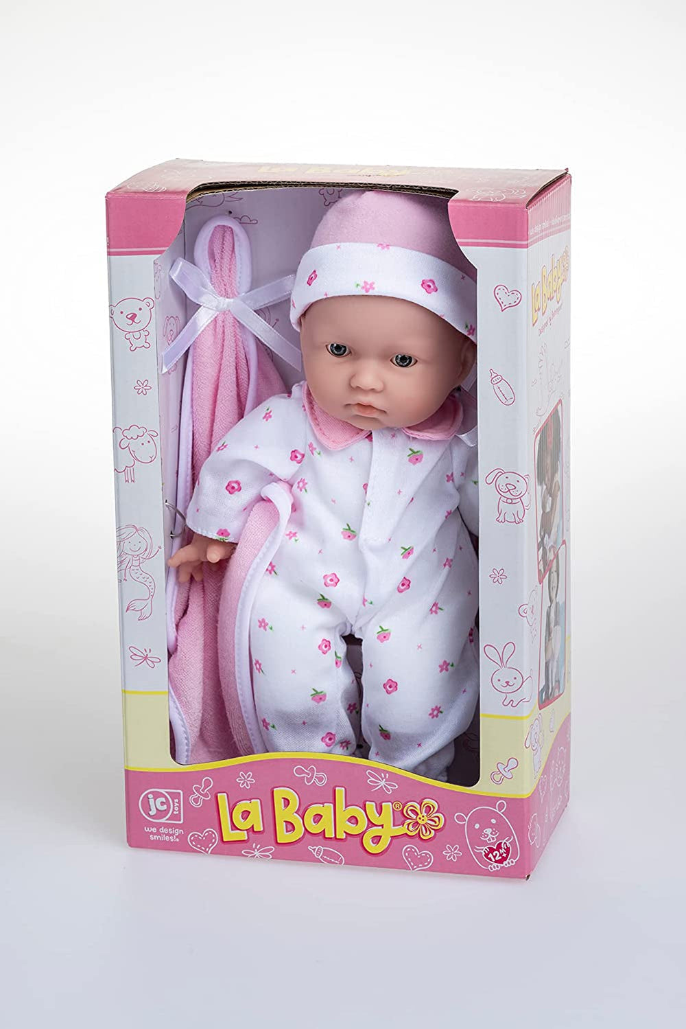 JC Toys La Baby kaukasisk babydukkesæt - 28 cm blød vaskbar dukke, aftageligt lyserødt outfit med hat, tæppe og sut, til 12 måneder og derover Dukker Naty Shop
