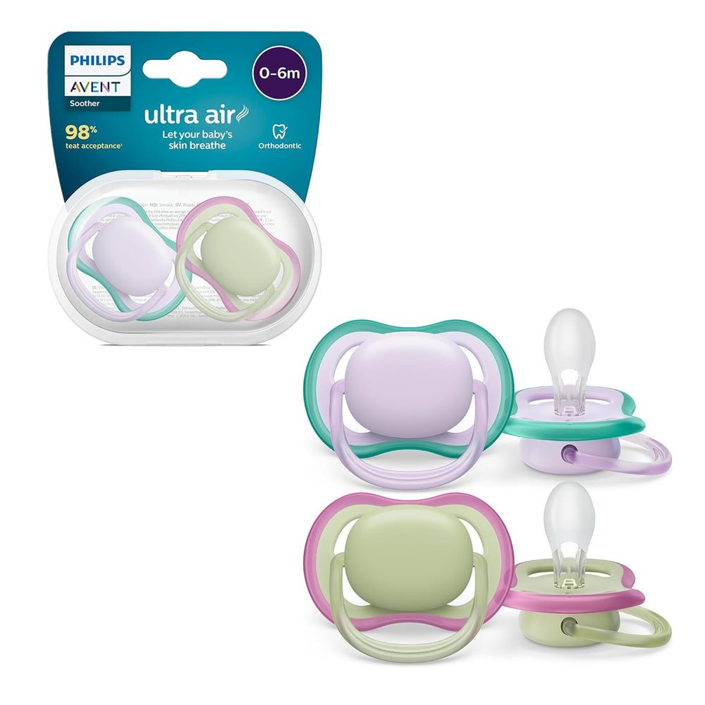 Suzete Philips AVENT ultra air – Suzete ușoare și respirabile pentru bebeluși cu vârsta cuprinsă între 0 și 6 luni, fără BPA, cu recipient de transport ca sterilizator, pachet de 2, model SCF085/24