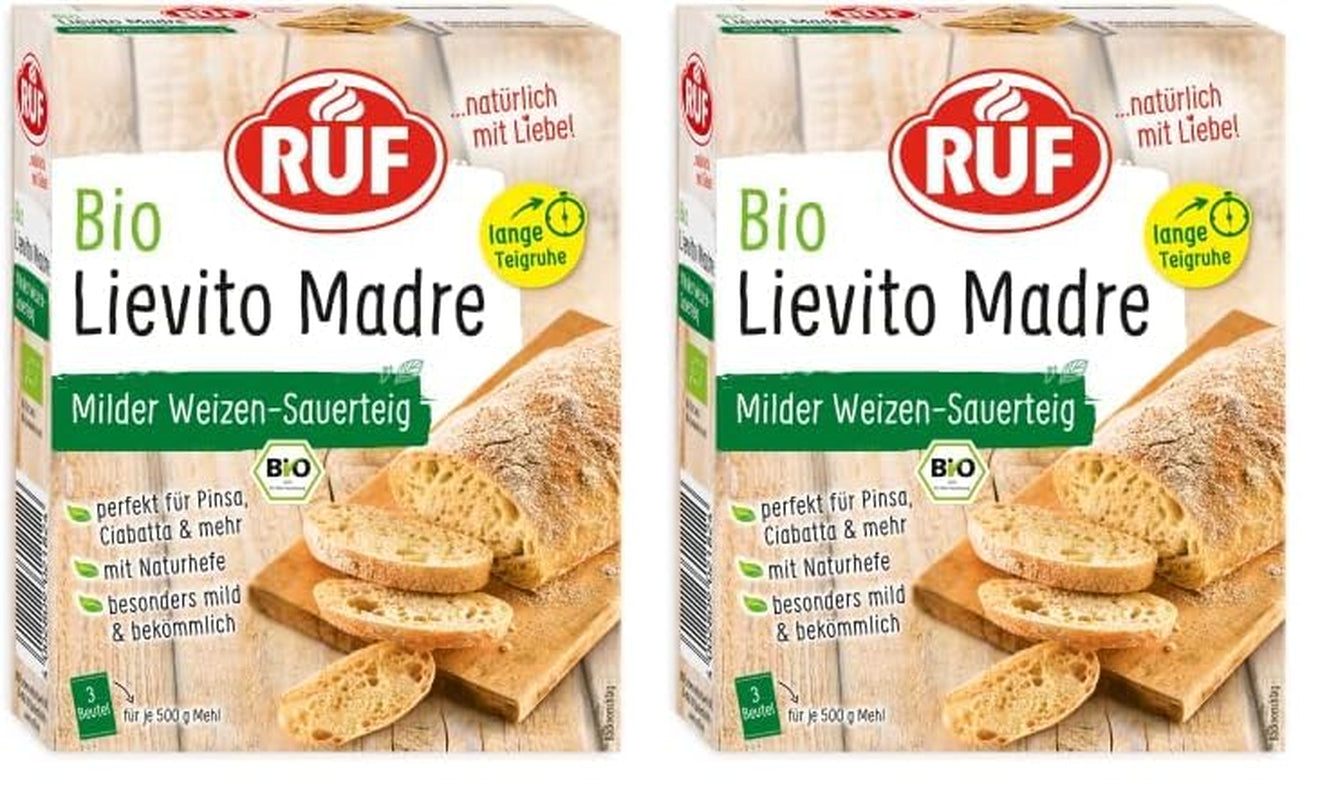 RUF Lievito Madre Sauerteig, Milder Weizen-Sauerteig, Mutterteig, Kurze Teigruhe Durch Enthaltene Trockenhefe, Lievito Madre Getrocknet Für Brot, Baguette, Focaccia, 3X35G Amestec pentru copt si gatit Naty Shop 105 G (2Er Pack) Lange Teigruhe