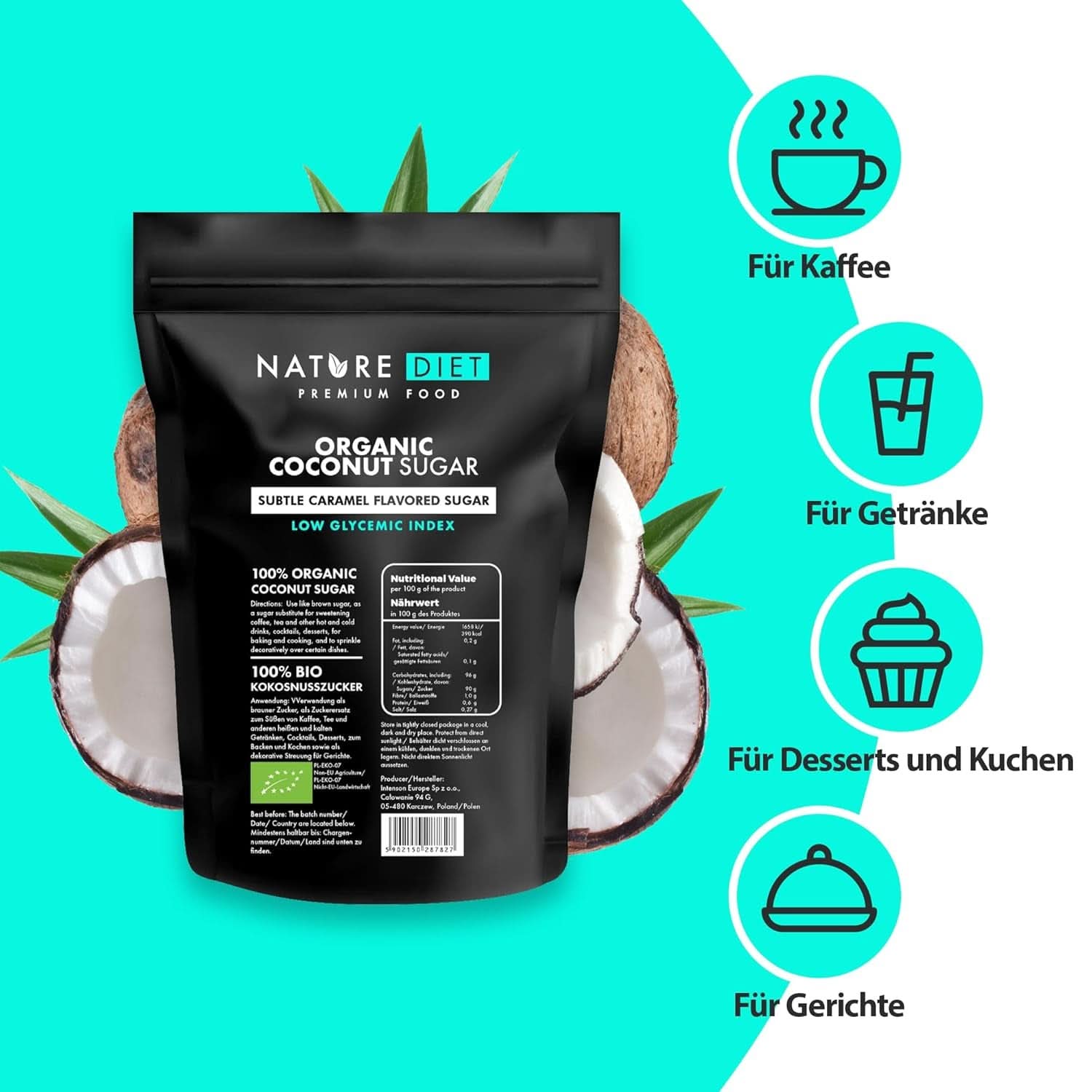 Økologisk kokossukker, karamelsmag, 1,5 kg sødemidler Naty Shop