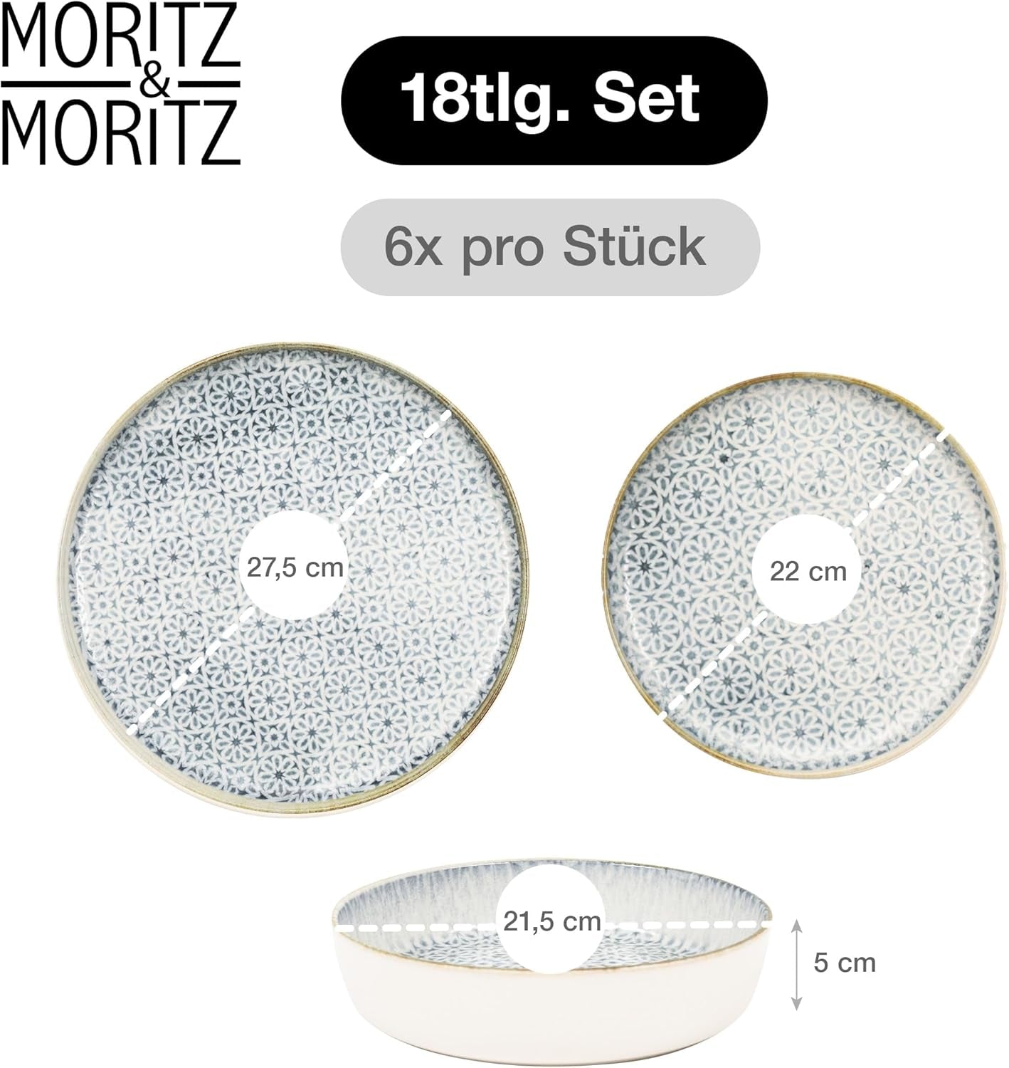Set de veselă Moritz & Moritz ALHAMBRA pentru 6 persoane, 18 piese, din porțelan de înaltă calitate - veselă modernă albastră - set ușor de întreținut, inclusiv 6 farfurii de cină, 6 farfurii de desert și 6 boluri